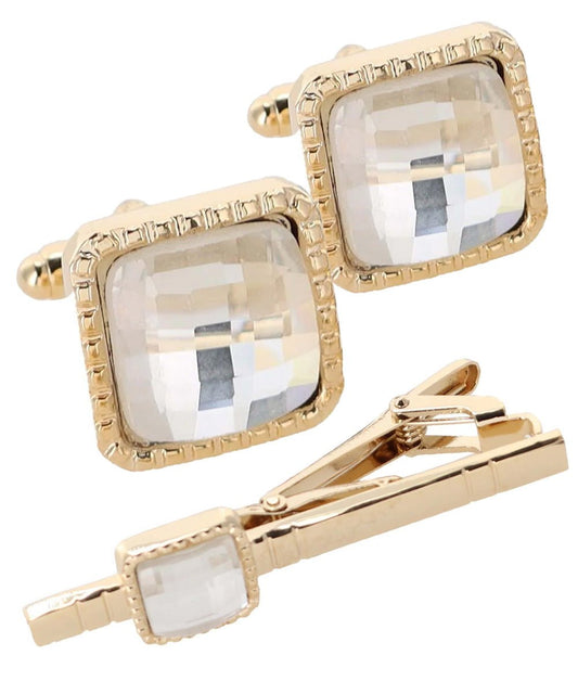 Vittorio Vico Men's Colored Crystal Cufflink & Tie Bar Set in Gift Box - Suits You Sir - Clear and Gold -