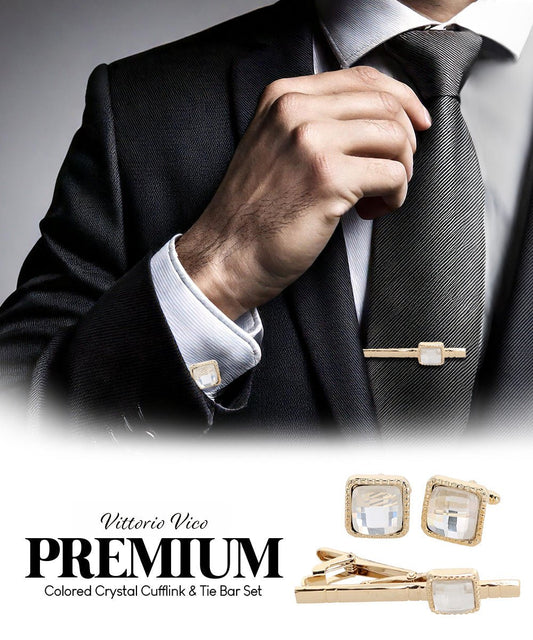 Vittorio Vico Men's Colored Crystal Cufflink & Tie Bar Set in Gift Box - Suits You Sir - Clear and Gold -