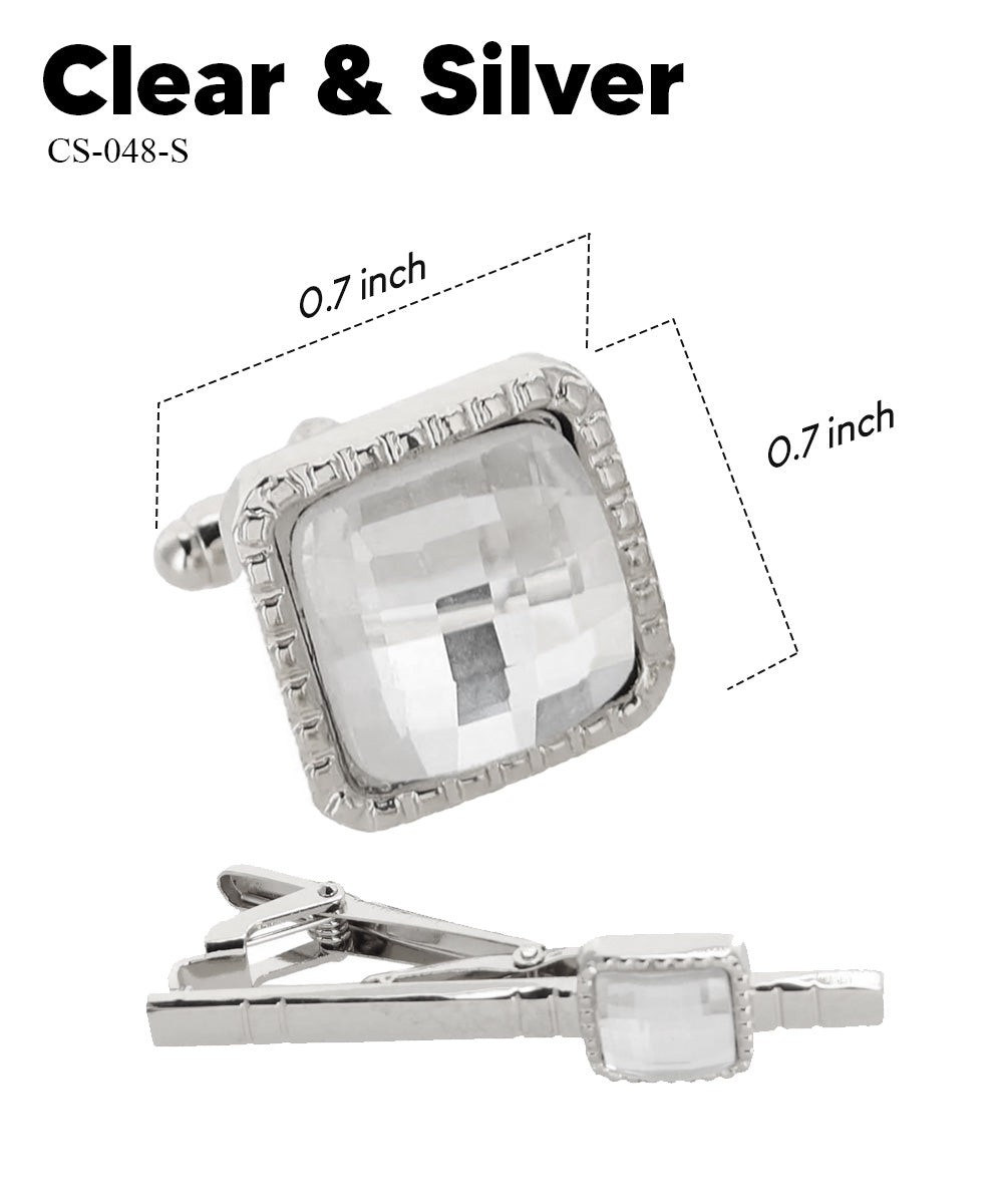 Vittorio Vico Men's Colored Crystal Cufflink & Tie Bar Set in Gift Box - Suits You Sir - Clear and Silver -