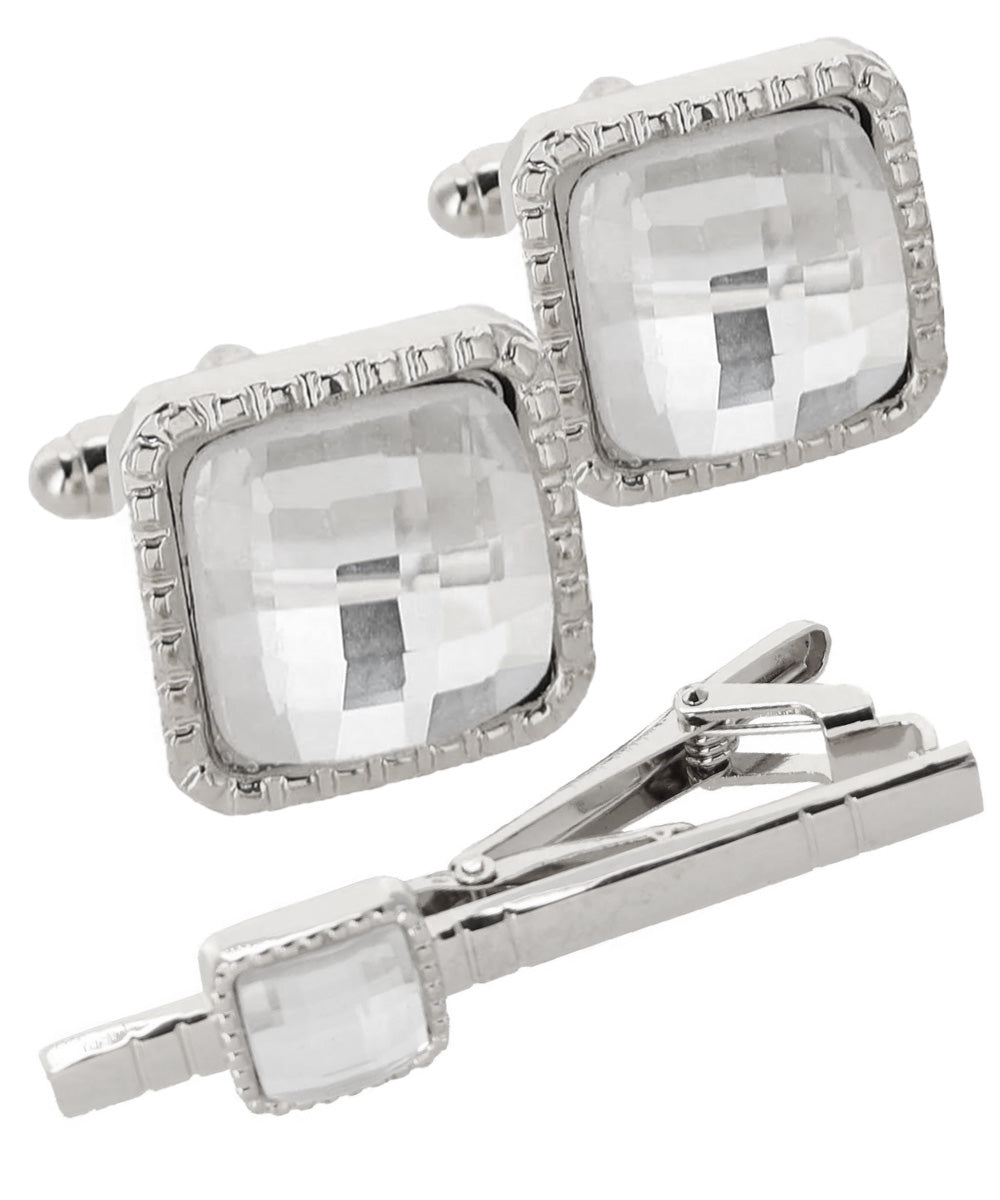 Vittorio Vico Men's Colored Crystal Cufflink & Tie Bar Set in Gift Box - Suits You Sir - Clear and Silver -