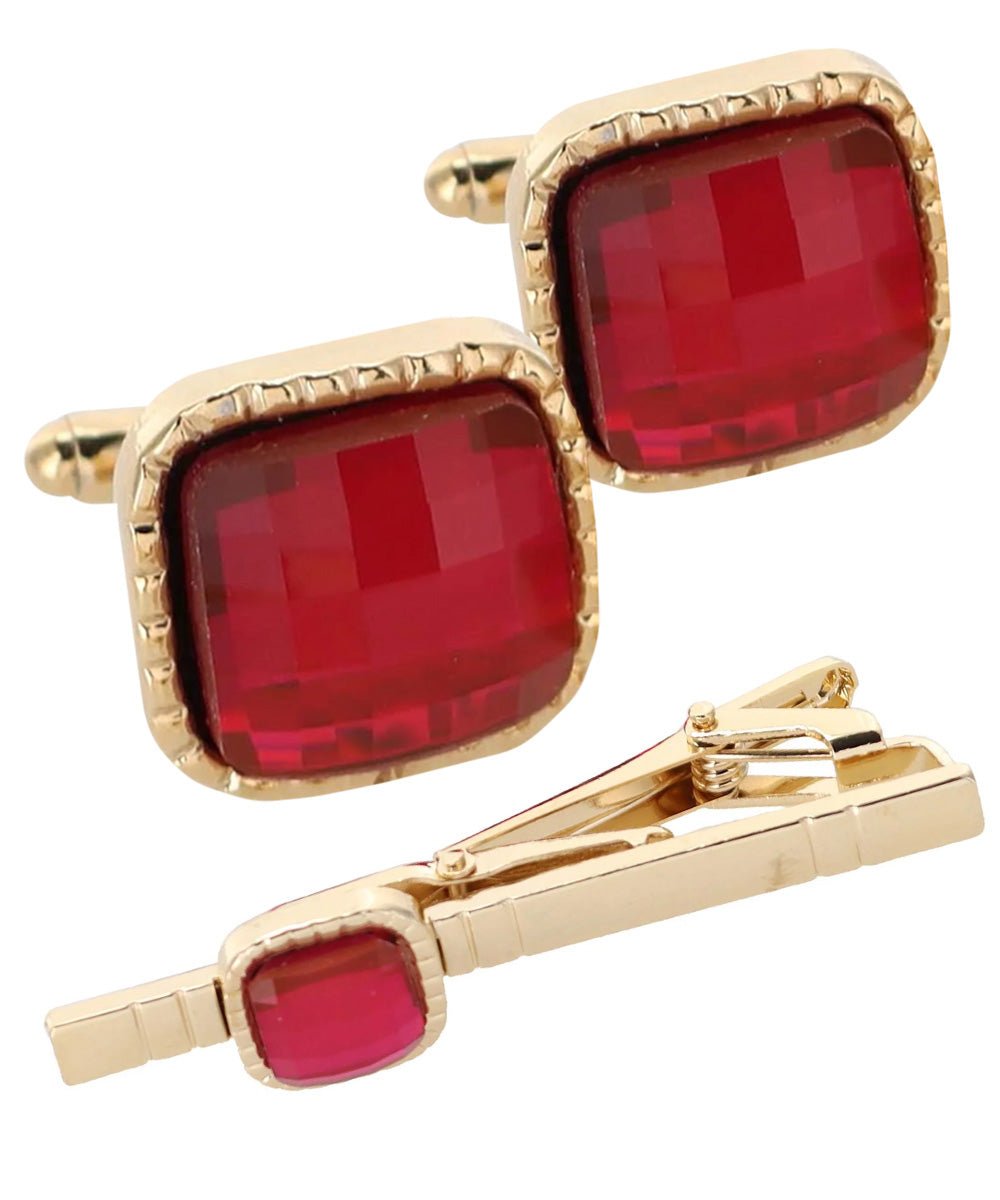 Vittorio Vico Men's Colored Crystal Cufflink & Tie Bar Set in Gift Box - Suits You Sir - Hot Pink and Gold -