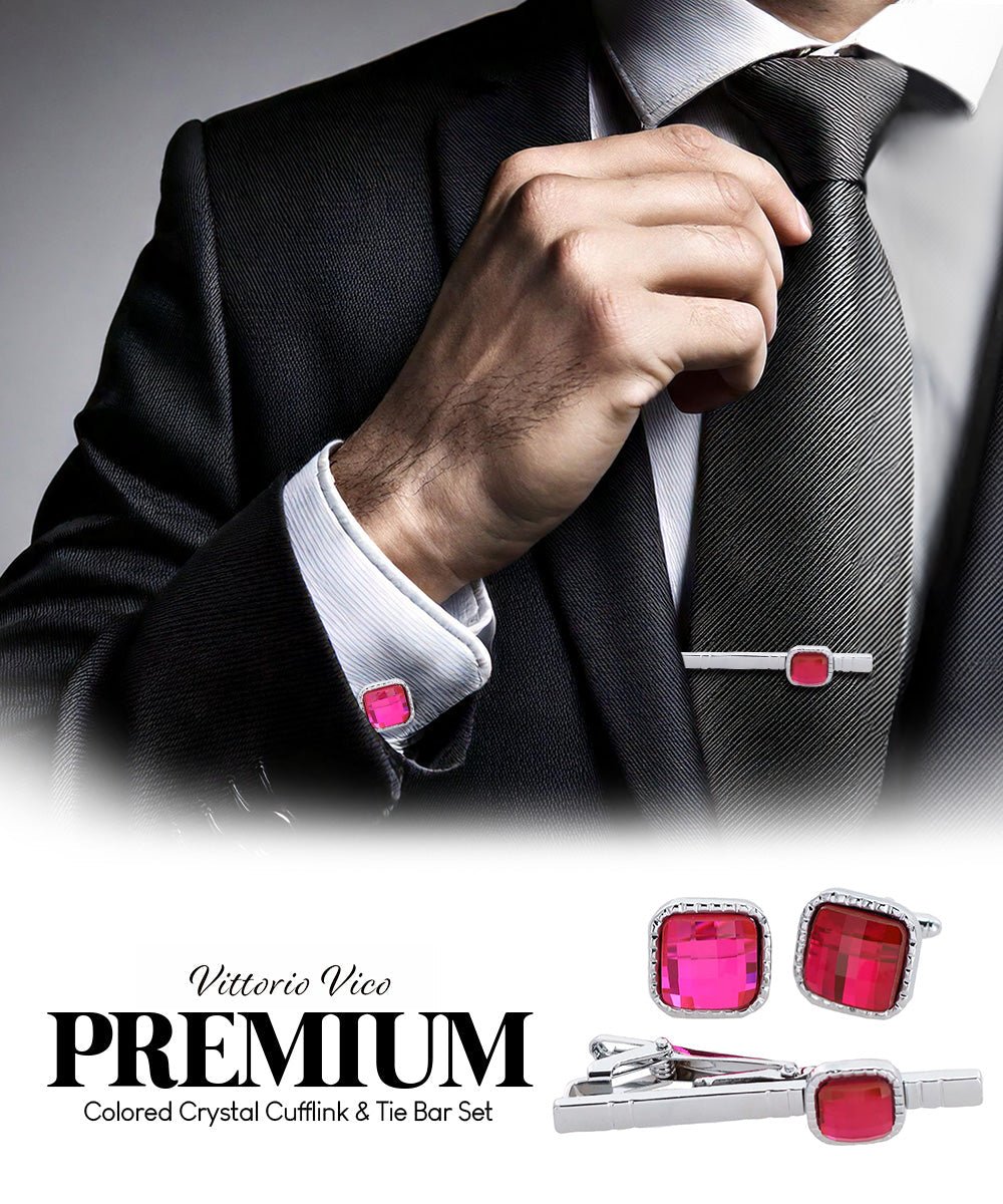 Vittorio Vico Men's Colored Crystal Cufflink & Tie Bar Set in Gift Box - Suits You Sir - Hot Pink and Silver -