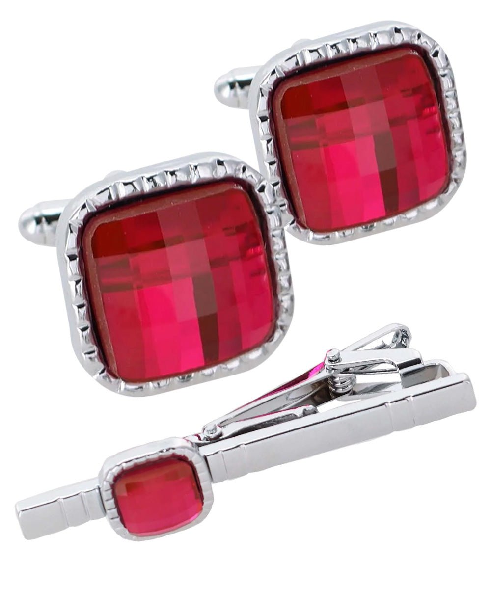 Vittorio Vico Men's Colored Crystal Cufflink & Tie Bar Set in Gift Box - Suits You Sir - Hot Pink and Silver -