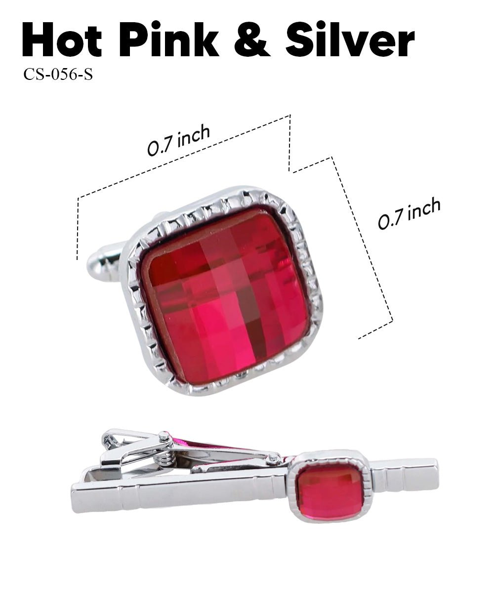 Vittorio Vico Men's Colored Crystal Cufflink & Tie Bar Set in Gift Box - Suits You Sir - Hot Pink and Silver -