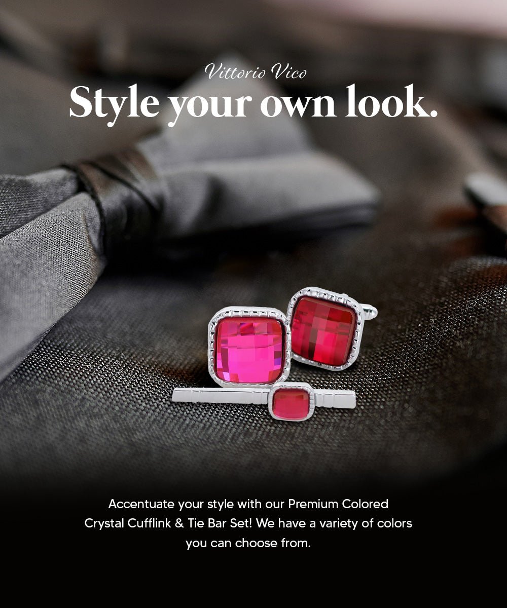 Vittorio Vico Men's Colored Crystal Cufflink & Tie Bar Set in Gift Box - Suits You Sir - Hot Pink and Silver -