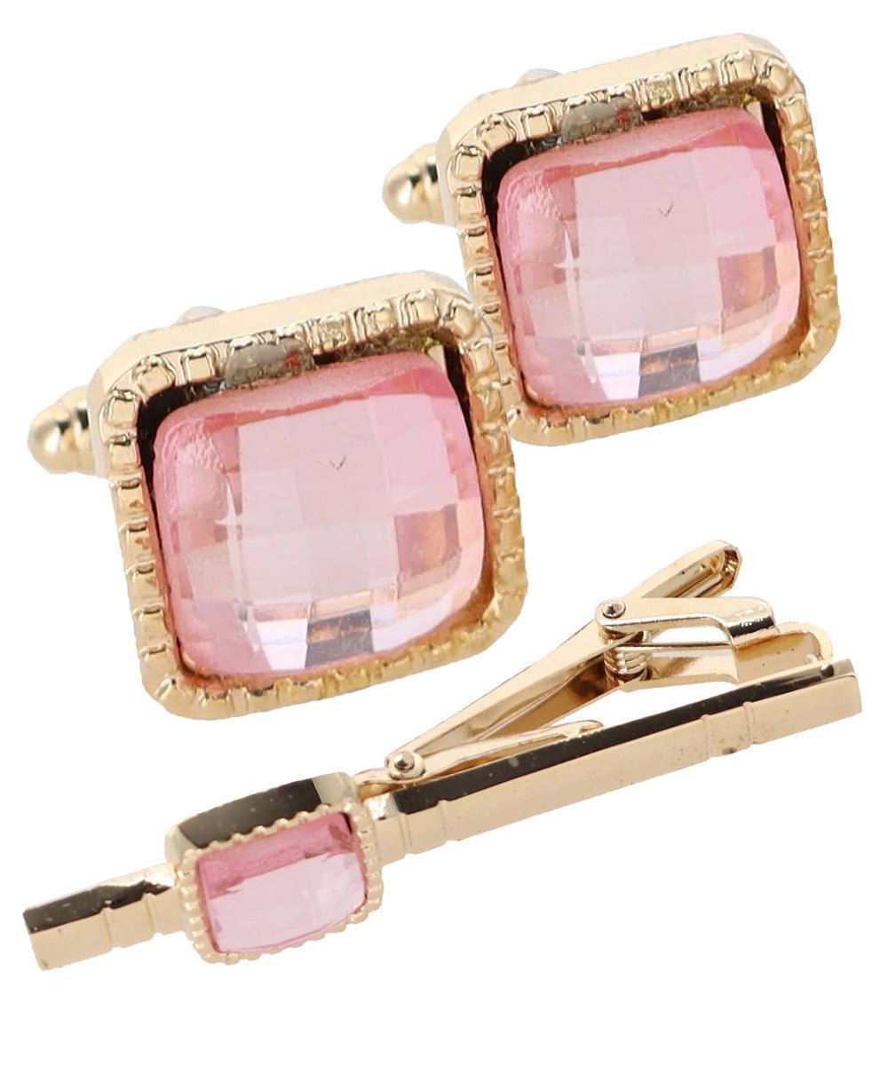 Vittorio Vico Men's Colored Crystal Cufflink & Tie Bar Set in Gift Box - Suits You Sir - Pink and Gold -