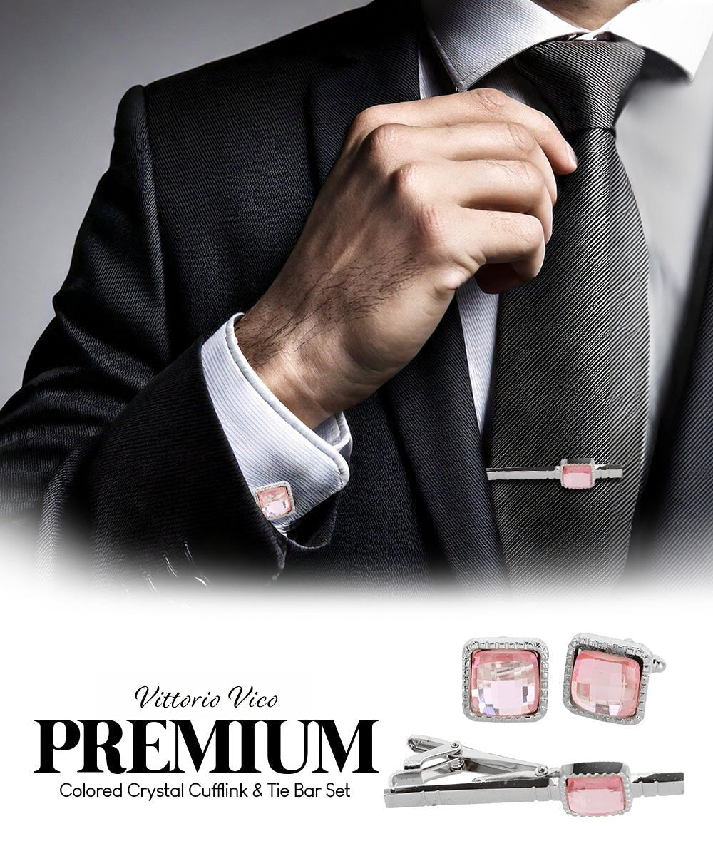 Vittorio Vico Men's Colored Crystal Cufflink & Tie Bar Set in Gift Box - Suits You Sir - Pink and Silver -