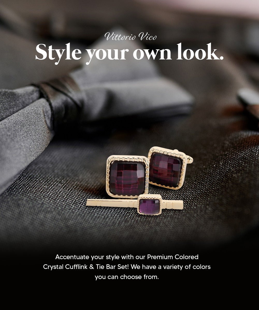Vittorio Vico Men's Colored Crystal Cufflink & Tie Bar Set in Gift Box - Suits You Sir - Purple and Gold -