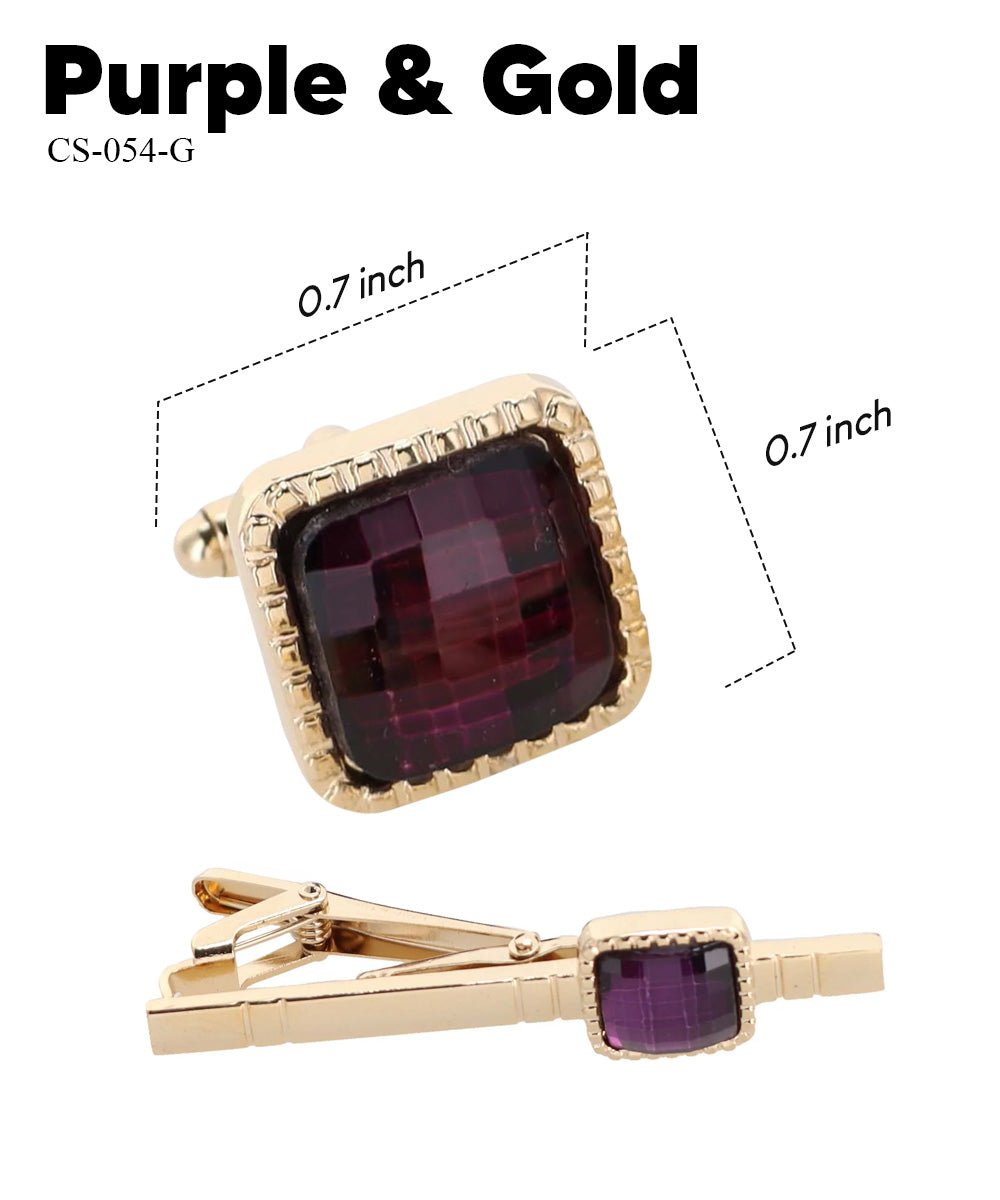 Vittorio Vico Men's Colored Crystal Cufflink & Tie Bar Set in Gift Box - Suits You Sir - Purple and Gold -