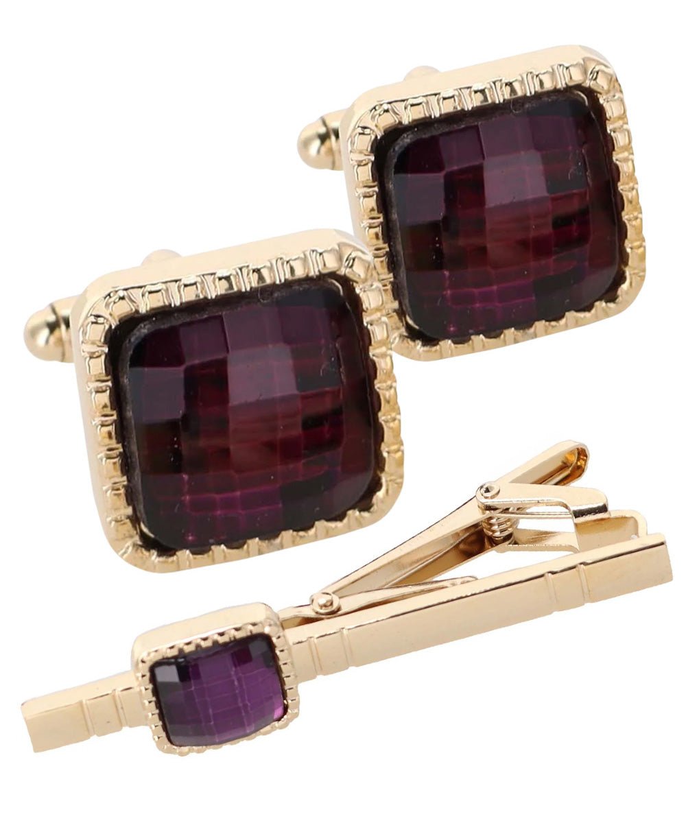 Vittorio Vico Men's Colored Crystal Cufflink & Tie Bar Set in Gift Box - Suits You Sir - Purple and Gold -