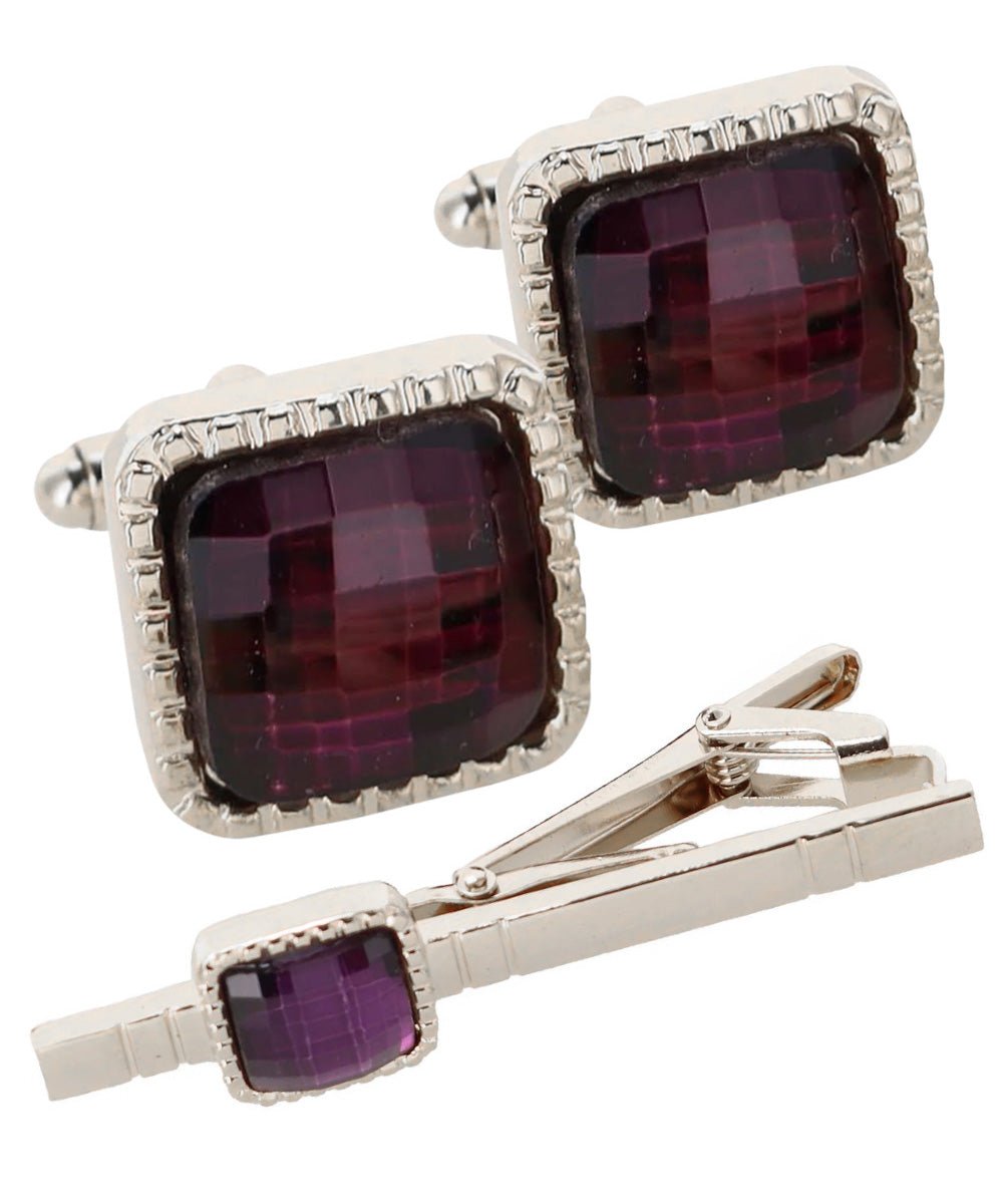 Vittorio Vico Men's Colored Crystal Cufflink & Tie Bar Set in Gift Box - Suits You Sir - Purple and Silver -