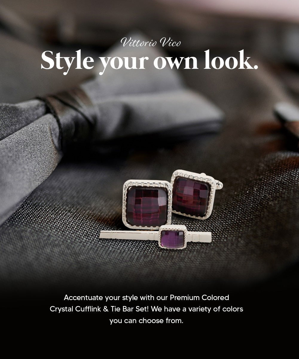 Vittorio Vico Men's Colored Crystal Cufflink & Tie Bar Set in Gift Box - Suits You Sir - Purple and Silver -
