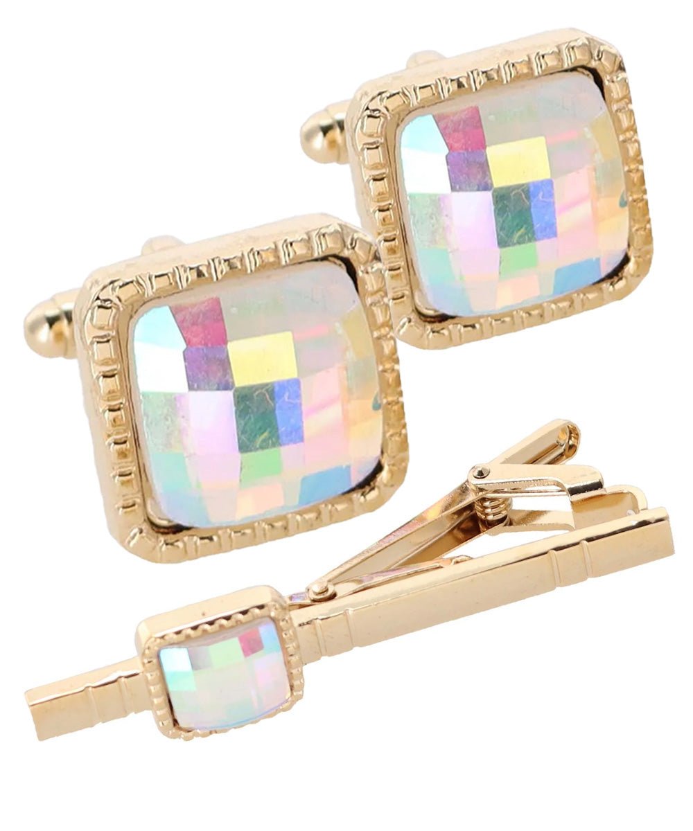 Vittorio Vico Men's Colored Crystal Cufflink & Tie Bar Set in Gift Box - Suits You Sir - Rainbow and Gold -