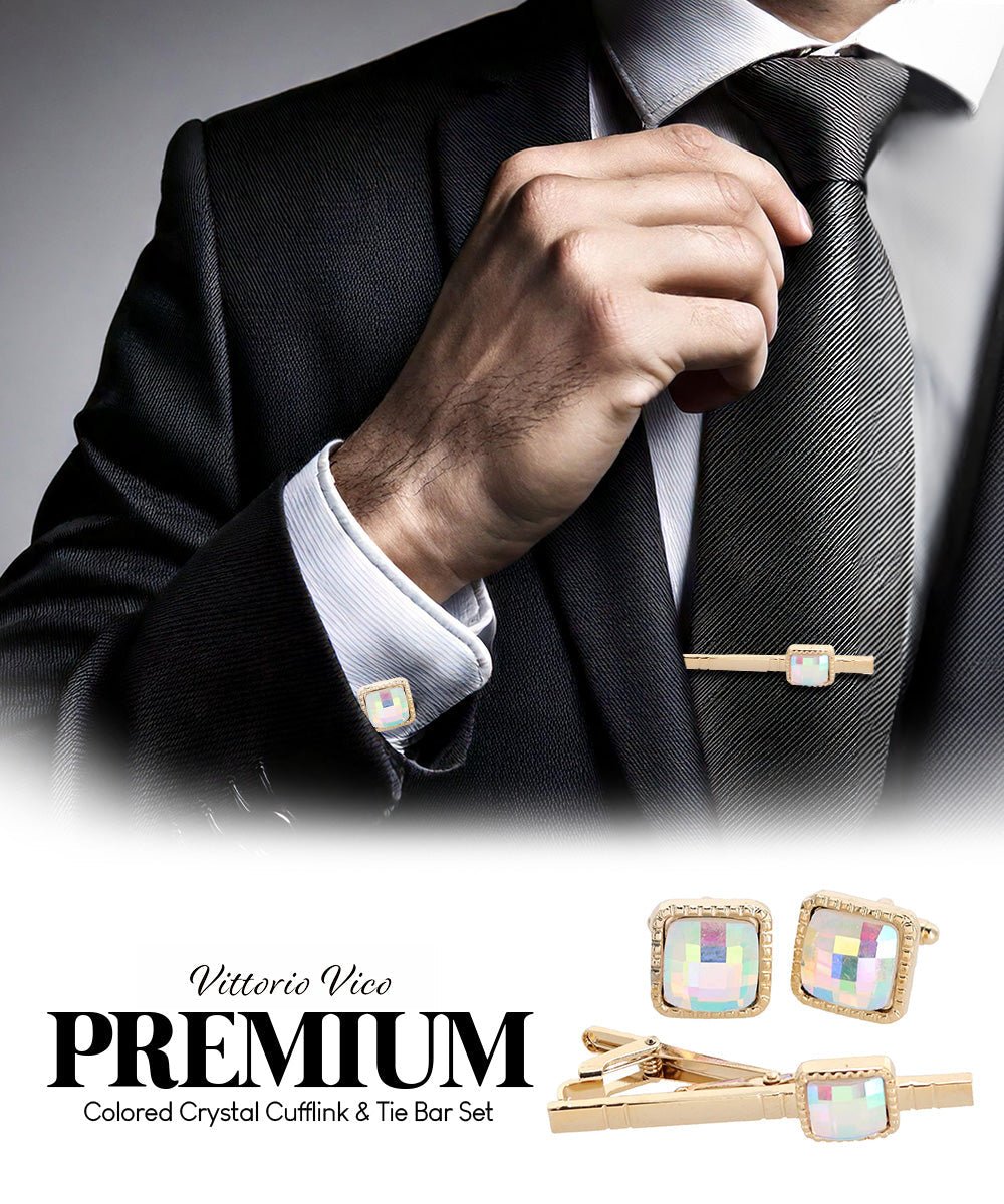 Vittorio Vico Men's Colored Crystal Cufflink & Tie Bar Set in Gift Box - Suits You Sir - Rainbow and Gold -