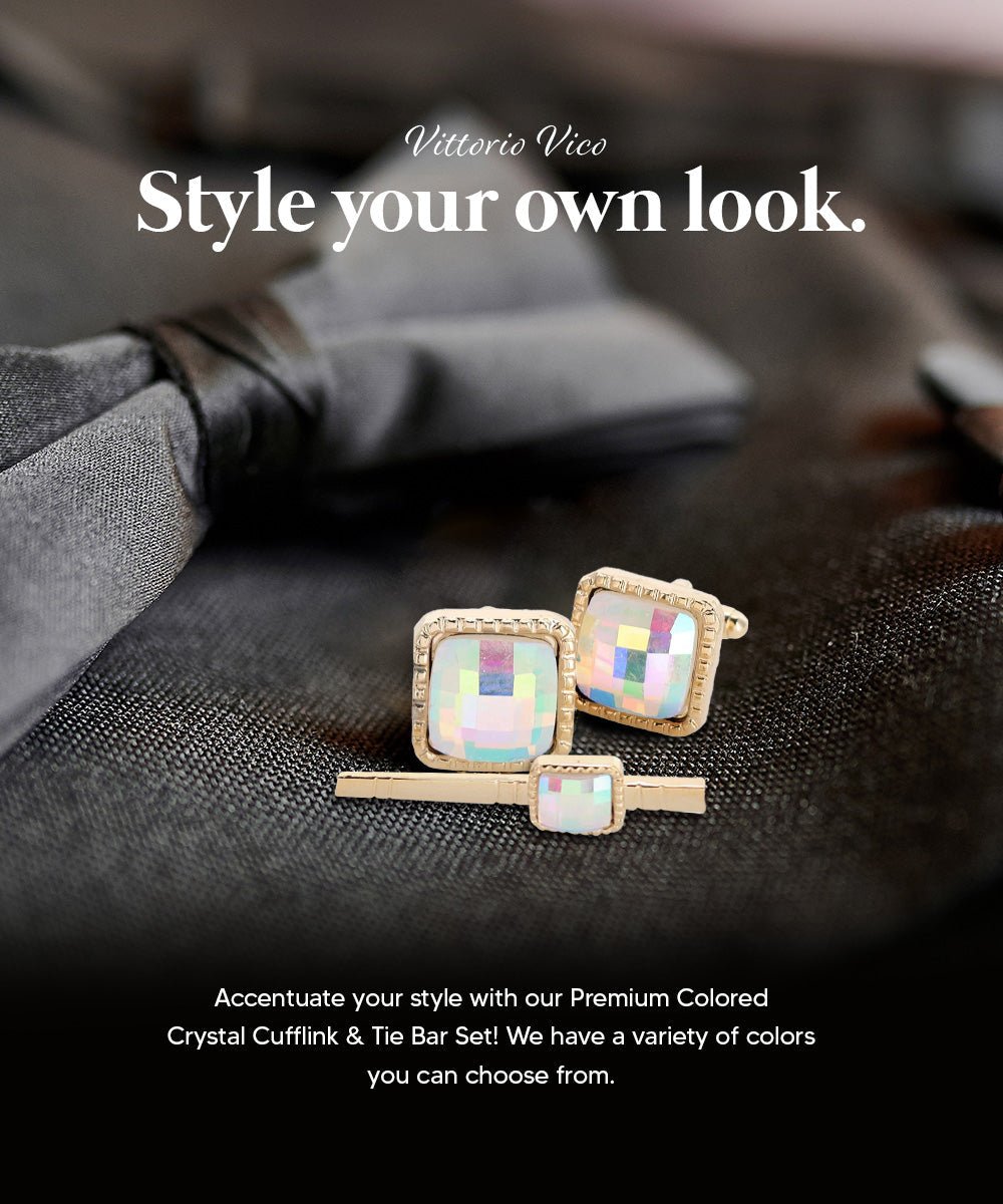 Vittorio Vico Men's Colored Crystal Cufflink & Tie Bar Set in Gift Box - Suits You Sir - Rainbow and Gold -