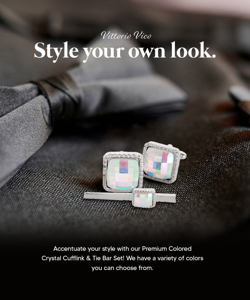 Vittorio Vico Men's Colored Crystal Cufflink & Tie Bar Set in Gift Box - Suits You Sir - Rainbow and Silver -