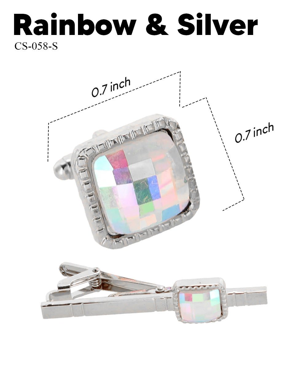 Vittorio Vico Men's Colored Crystal Cufflink & Tie Bar Set in Gift Box - Suits You Sir - Rainbow and Silver -