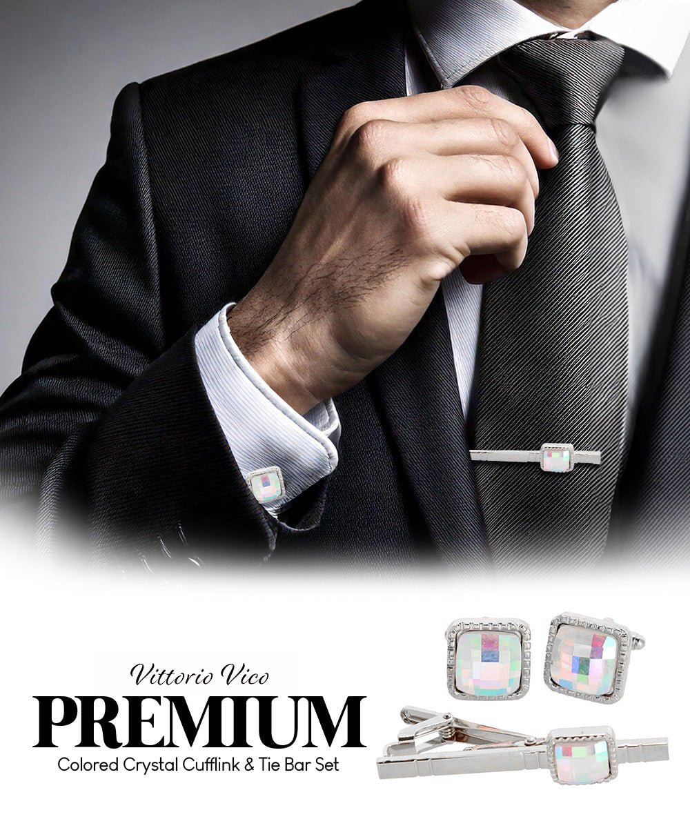 Vittorio Vico Men's Colored Crystal Cufflink & Tie Bar Set in Gift Box - Suits You Sir - Rainbow and Silver -