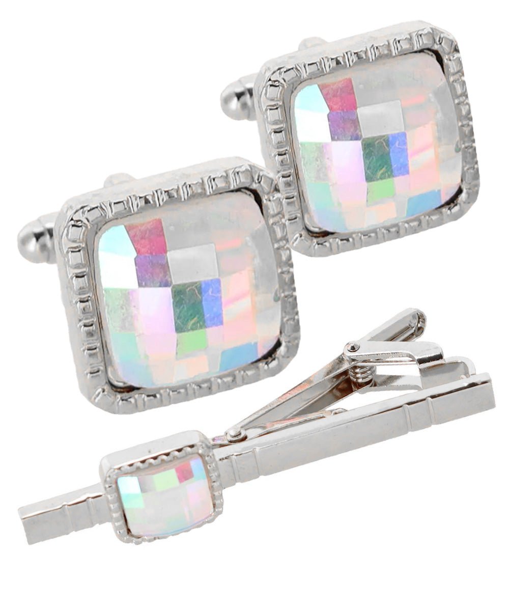 Vittorio Vico Men's Colored Crystal Cufflink & Tie Bar Set in Gift Box - Suits You Sir - Rainbow and Silver -