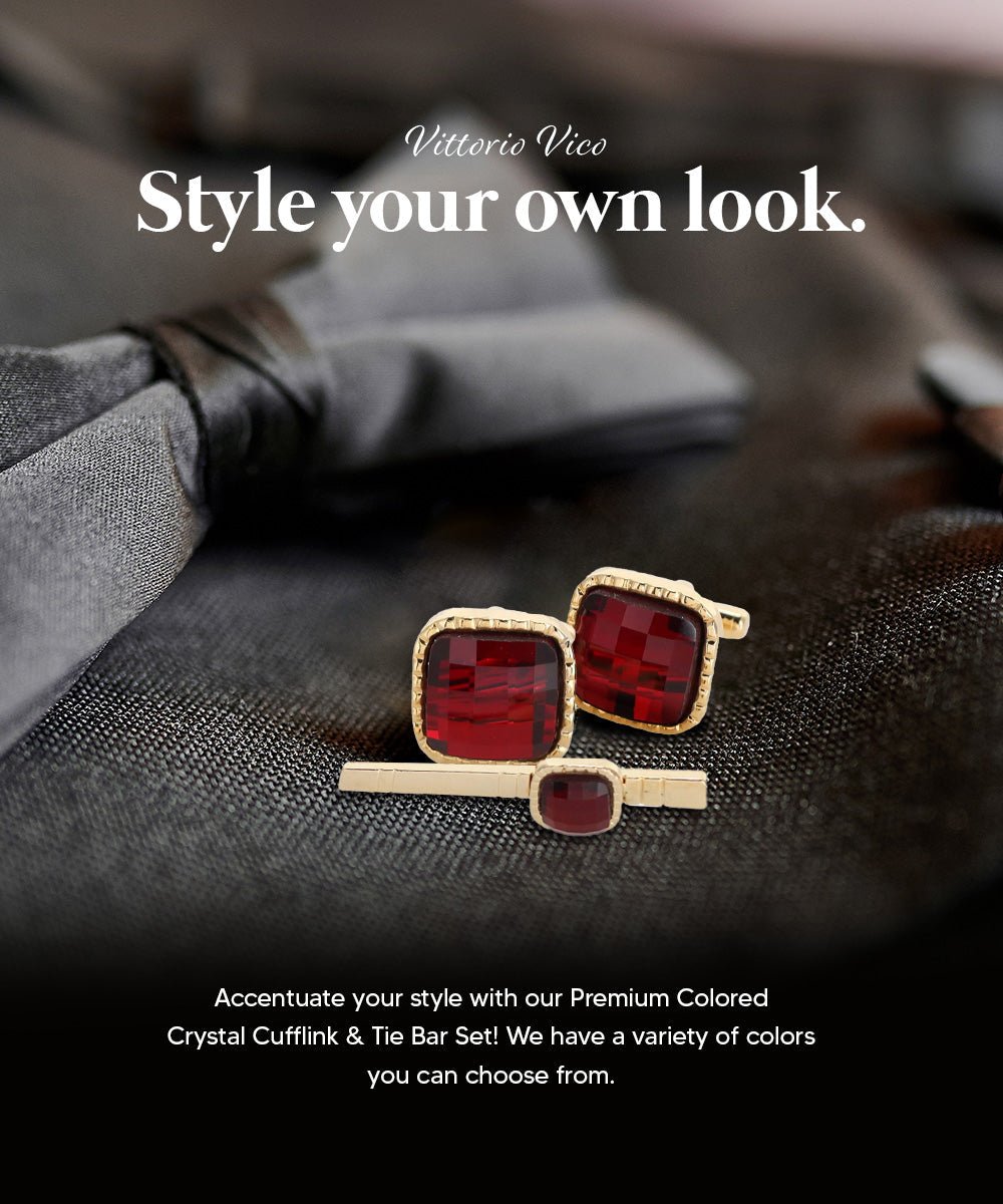 Vittorio Vico Men's Colored Crystal Cufflink & Tie Bar Set in Gift Box - Suits You Sir - Red and Gold -