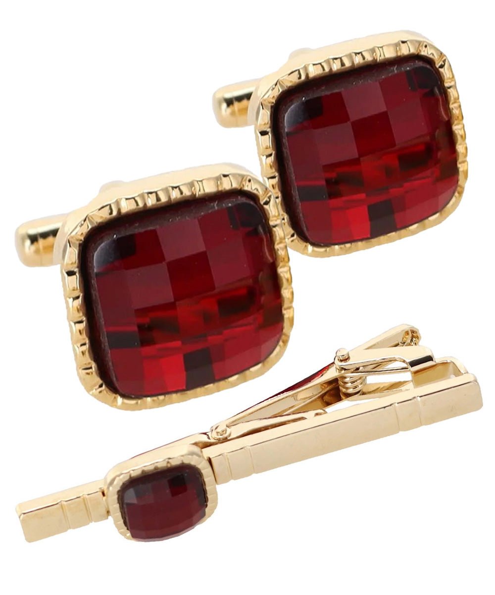 Vittorio Vico Men's Colored Crystal Cufflink & Tie Bar Set in Gift Box - Suits You Sir - Red and Gold -