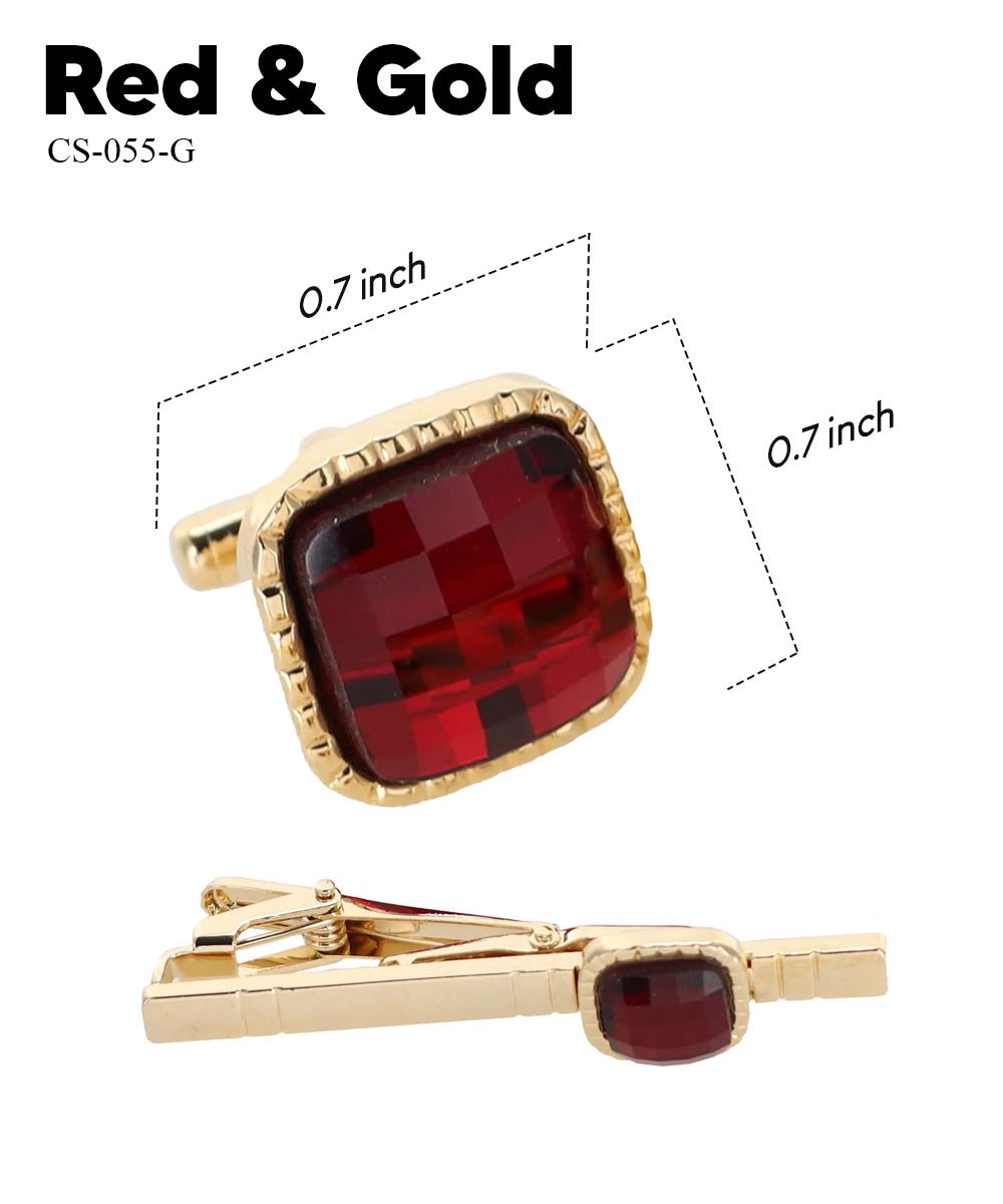 Vittorio Vico Men's Colored Crystal Cufflink & Tie Bar Set in Gift Box - Suits You Sir - Red and Gold -