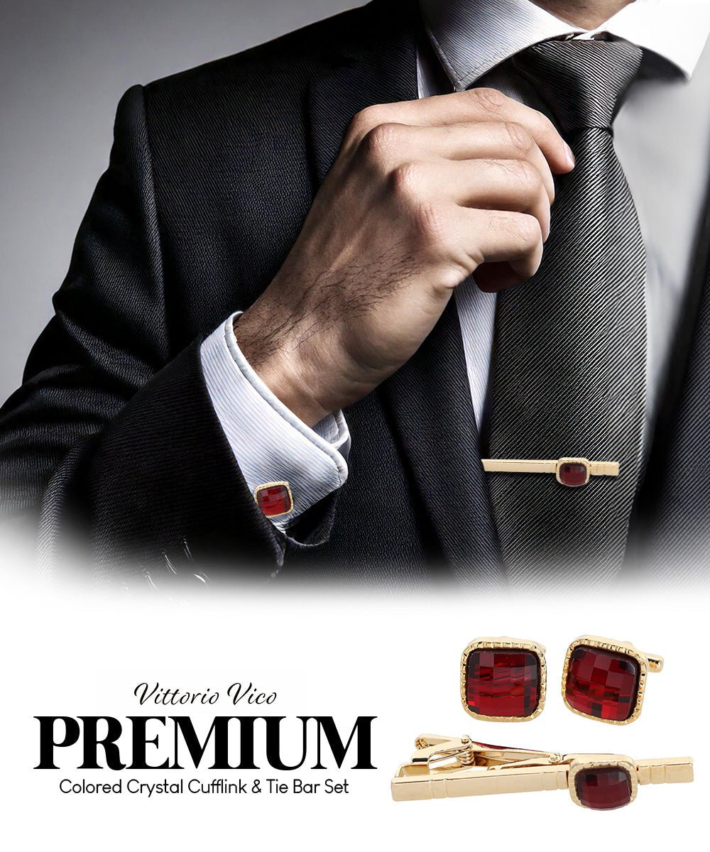 Vittorio Vico Men's Colored Crystal Cufflink & Tie Bar Set in Gift Box - Suits You Sir - Red and Gold -