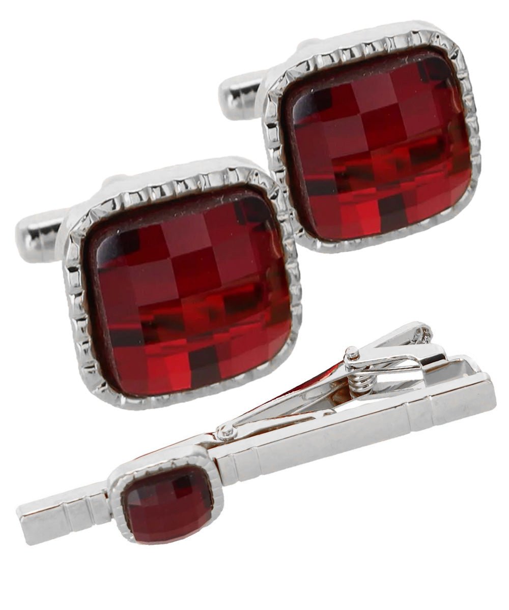 Vittorio Vico Men's Colored Crystal Cufflink & Tie Bar Set in Gift Box - Suits You Sir - Red and Silver -