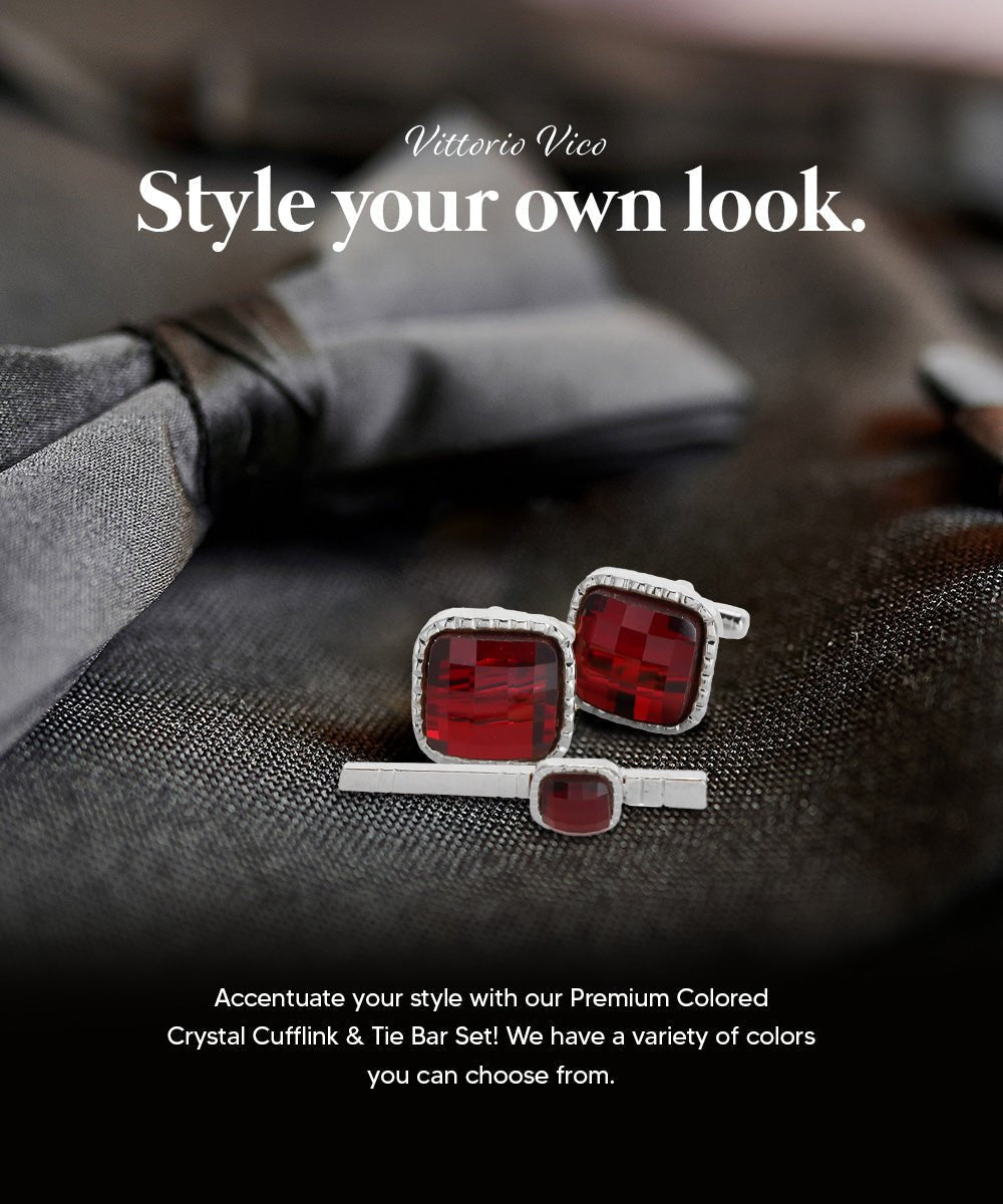 Vittorio Vico Men's Colored Crystal Cufflink & Tie Bar Set in Gift Box - Suits You Sir - Red and Silver -
