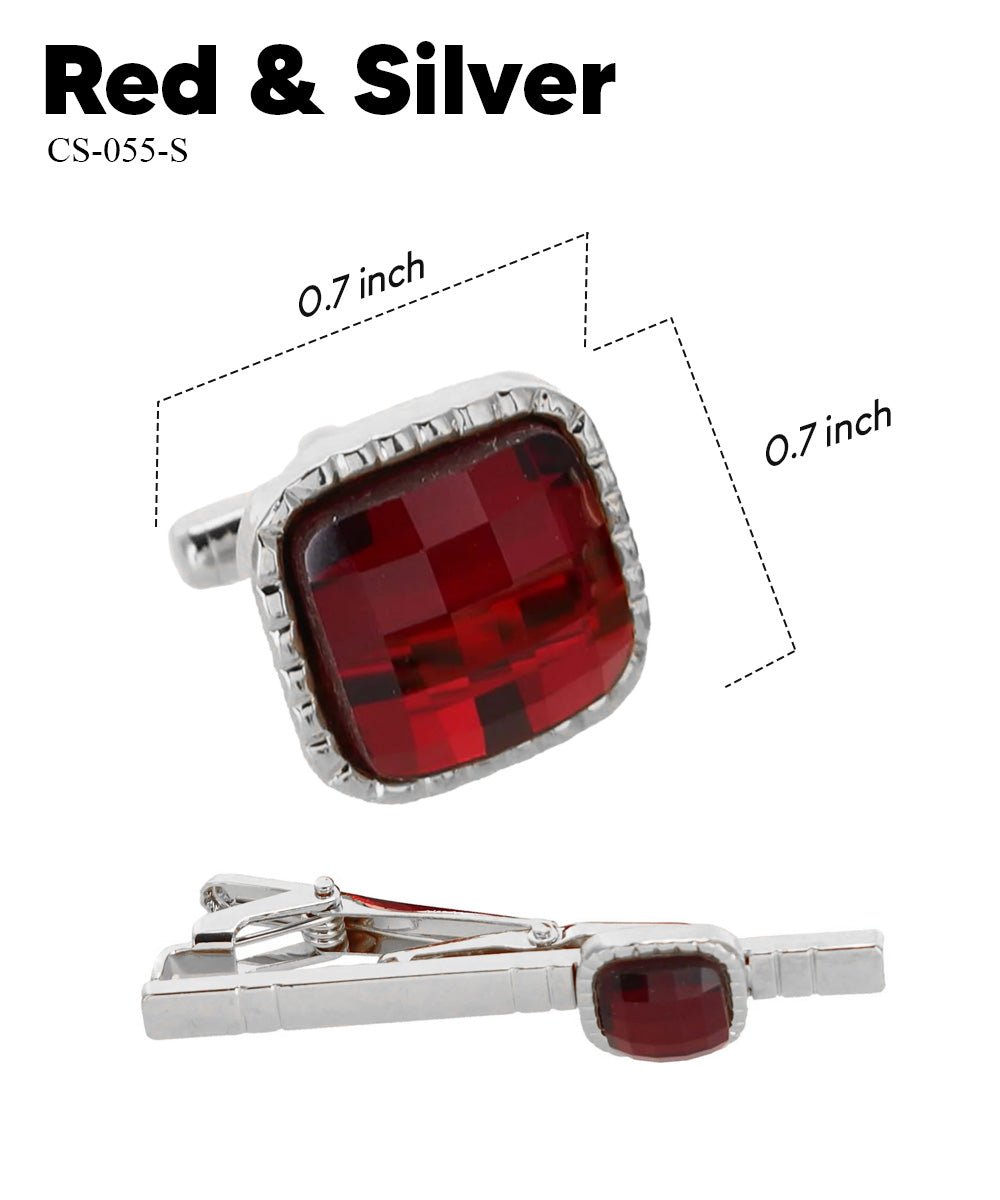 Vittorio Vico Men's Colored Crystal Cufflink & Tie Bar Set in Gift Box - Suits You Sir - Red and Silver -
