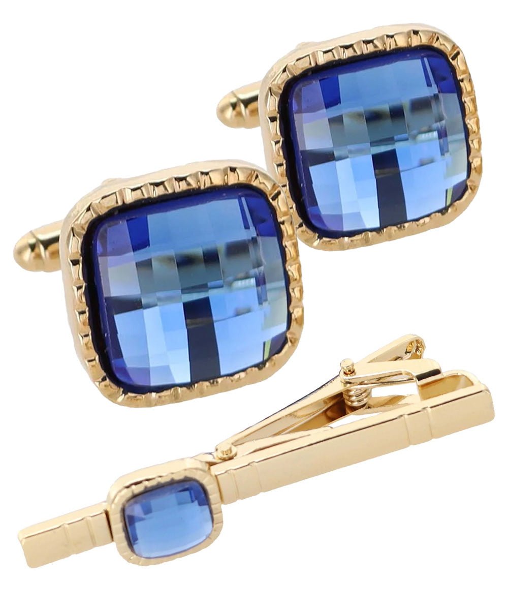 Vittorio Vico Men's Colored Crystal Cufflink & Tie Bar Set in Gift Box - Suits You Sir - Royal Blue and Gold -
