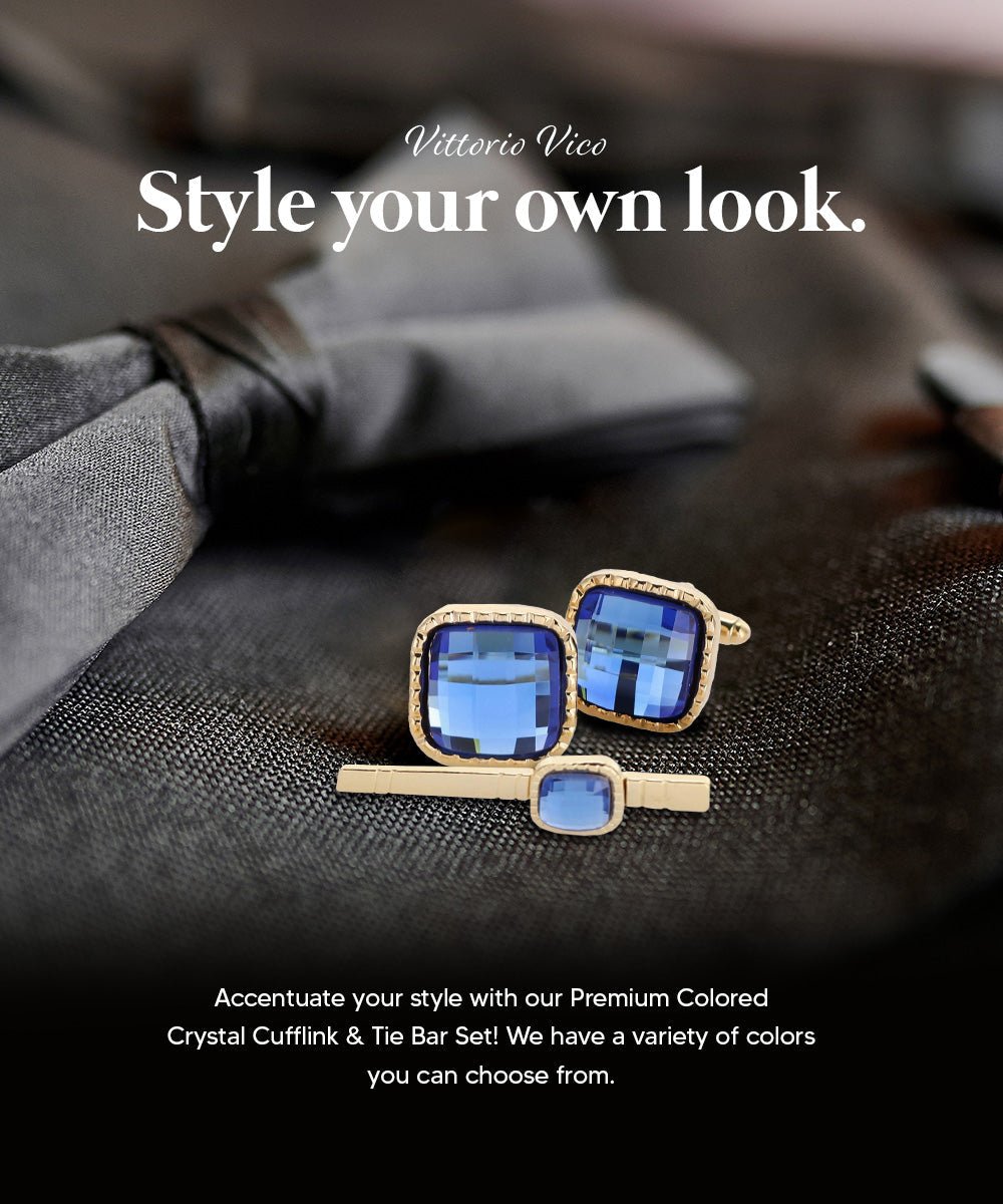 Vittorio Vico Men's Colored Crystal Cufflink & Tie Bar Set in Gift Box - Suits You Sir - Royal Blue and Gold -