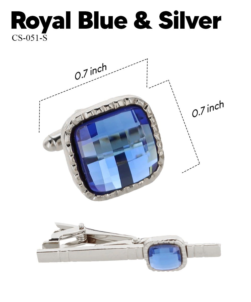 Vittorio Vico Men's Colored Crystal Cufflink & Tie Bar Set in Gift Box - Suits You Sir - Royal Blue and Silver -