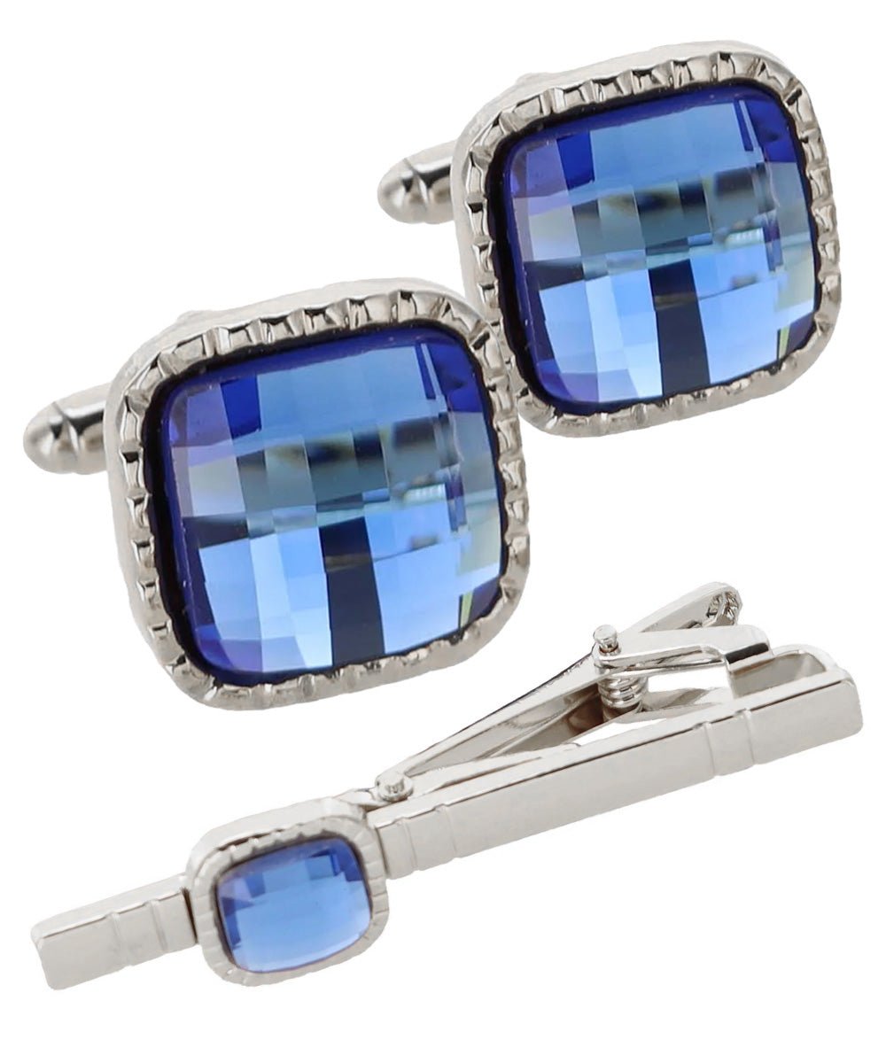 Vittorio Vico Men's Colored Crystal Cufflink & Tie Bar Set in Gift Box - Suits You Sir - Royal Blue and Silver -