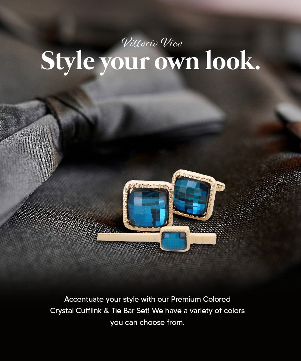 Vittorio Vico Men's Colored Crystal Cufflink & Tie Bar Set in Gift Box - Suits You Sir - Turquoise and Gold -