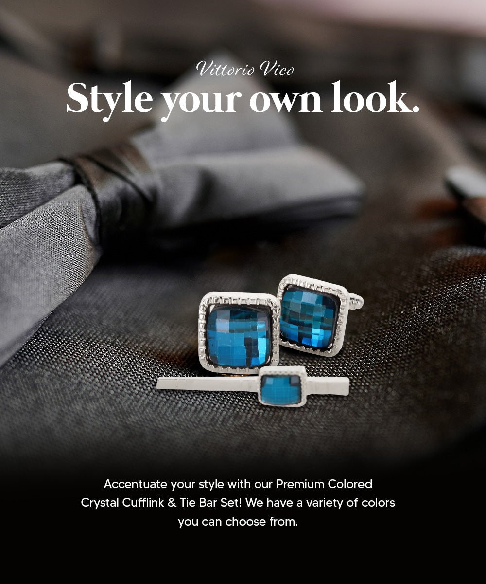 Vittorio Vico Men's Colored Crystal Cufflink & Tie Bar Set in Gift Box - Suits You Sir - Turquoise and Silver -
