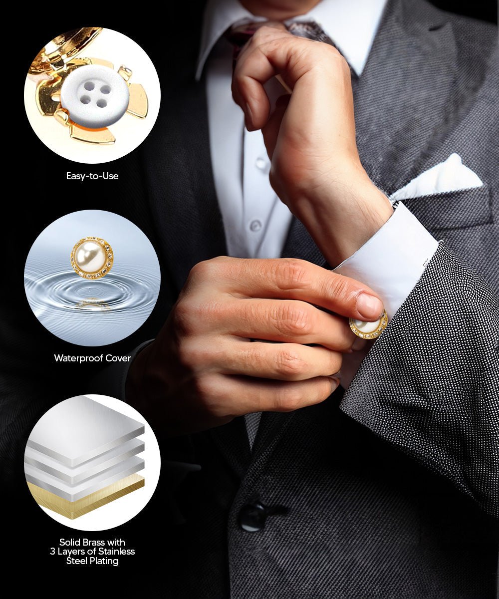 Vittorio Vico Men's Crystal Colorstone Button Cover - Suits You Sir - Pearl and Gold -