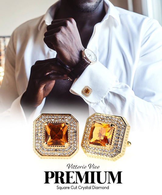 Vittorio Vico Men's Large Square Colorstone Crystal Diamond Set Cufflinks: CL71XX Series - Suits You Sir - Yellow and Gold -