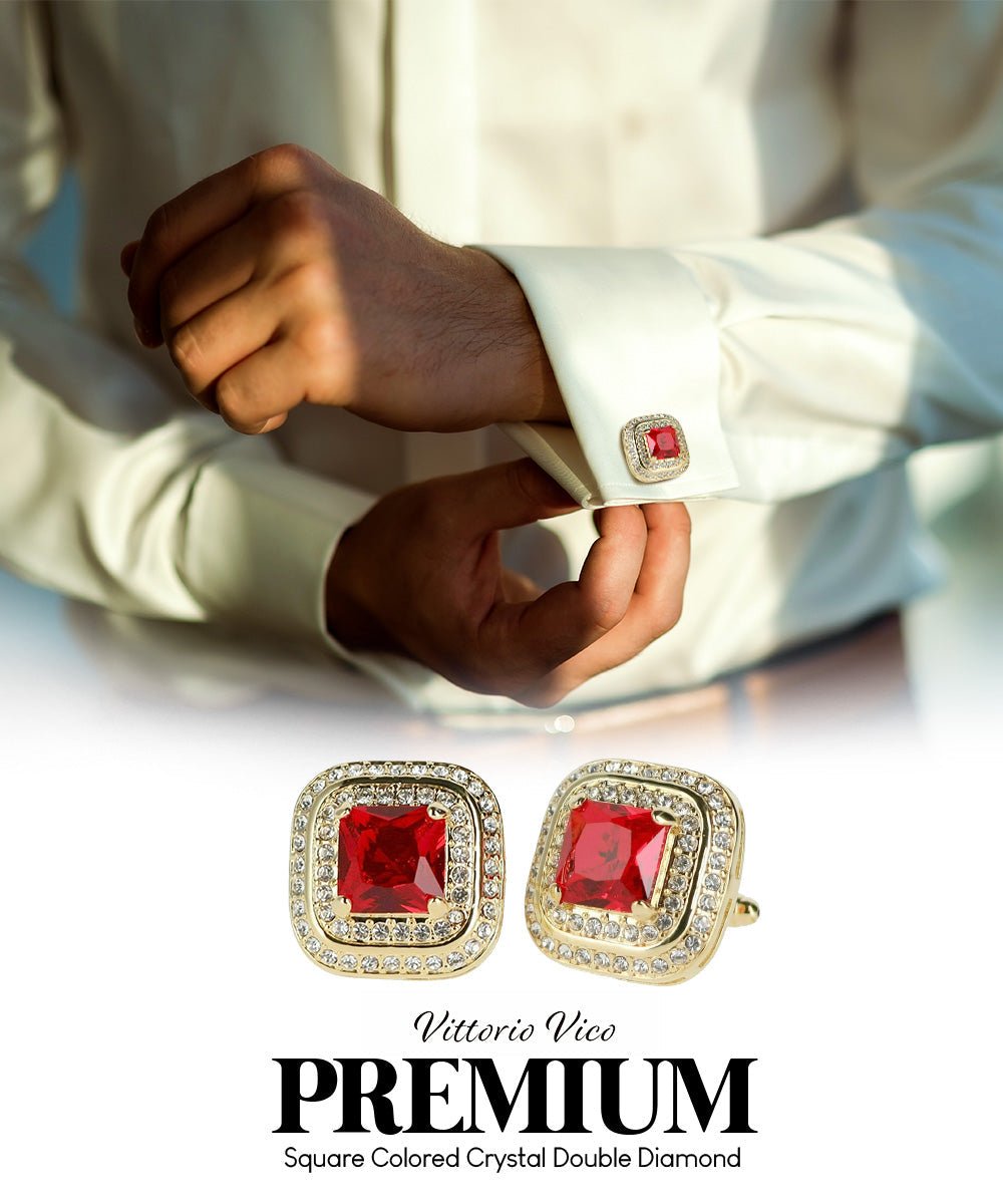 Vittorio Vico Men's Large Square Colorstone Crystal Double Diamond Set Cufflinks: CL75XX Series - Suits You Sir - Deep Red and Gold -