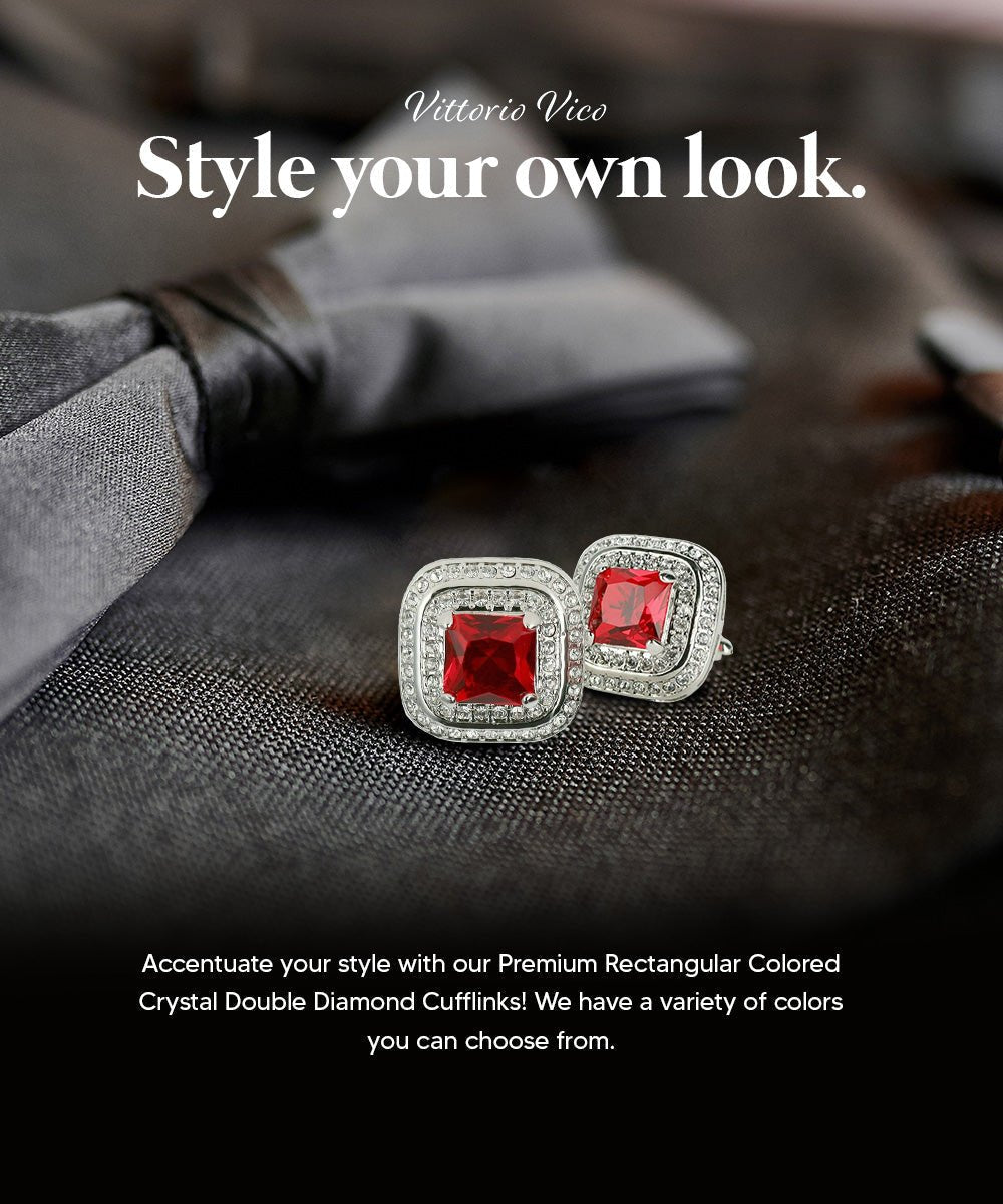 Vittorio Vico Men's Large Square Colorstone Crystal Double Diamond Set Cufflinks: CL75XX Series - Suits You Sir - Deep Red and Silver -