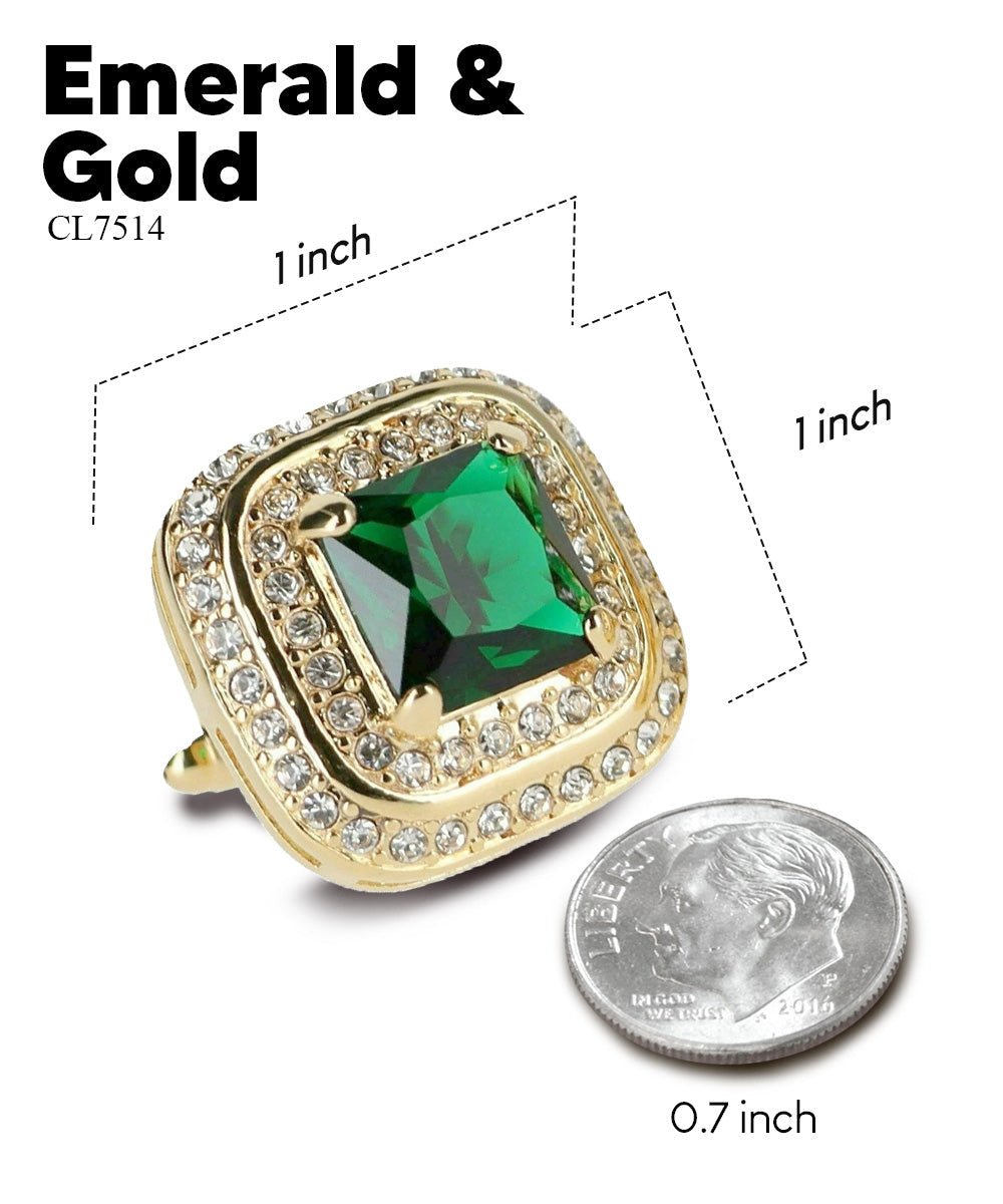 Vittorio Vico Men's Large Square Colorstone Crystal Double Diamond Set Cufflinks: CL75XX Series - Suits You Sir - Emerald Green and Gold -