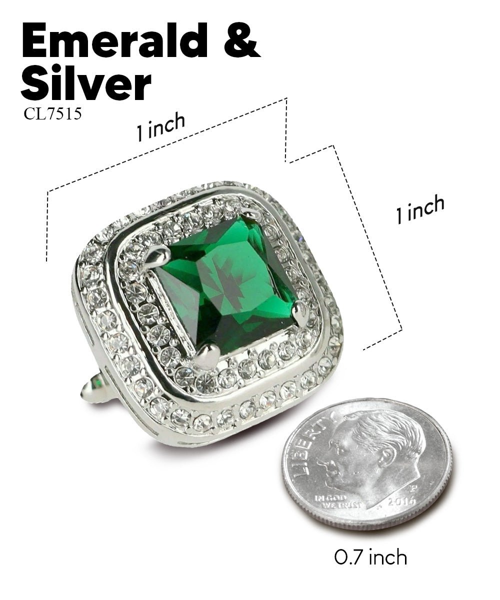 Vittorio Vico Men's Large Square Colorstone Crystal Double Diamond Set Cufflinks: CL75XX Series - Suits You Sir - Emerald Green and Silver -