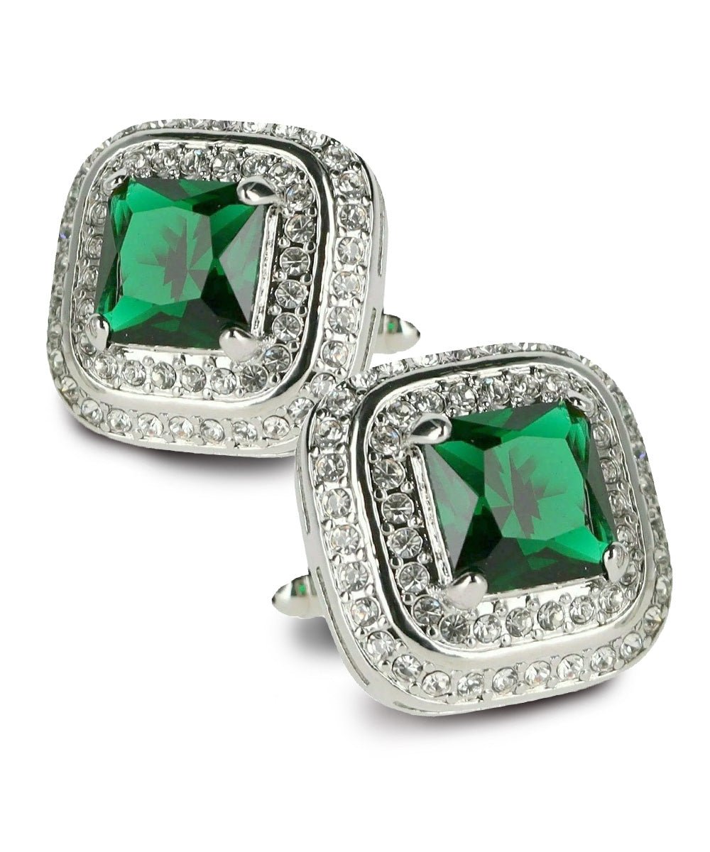 Vittorio Vico Men's Large Square Colorstone Crystal Double Diamond Set Cufflinks: CL75XX Series - Suits You Sir - Emerald Green and Silver -