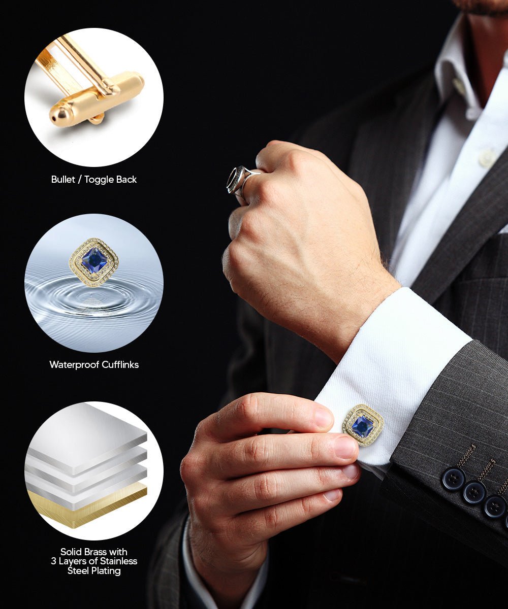 Vittorio Vico Men's Large Square Colorstone Crystal Double Diamond Set Cufflinks: CL75XX Series - Suits You Sir - Royal Blue and Gold -