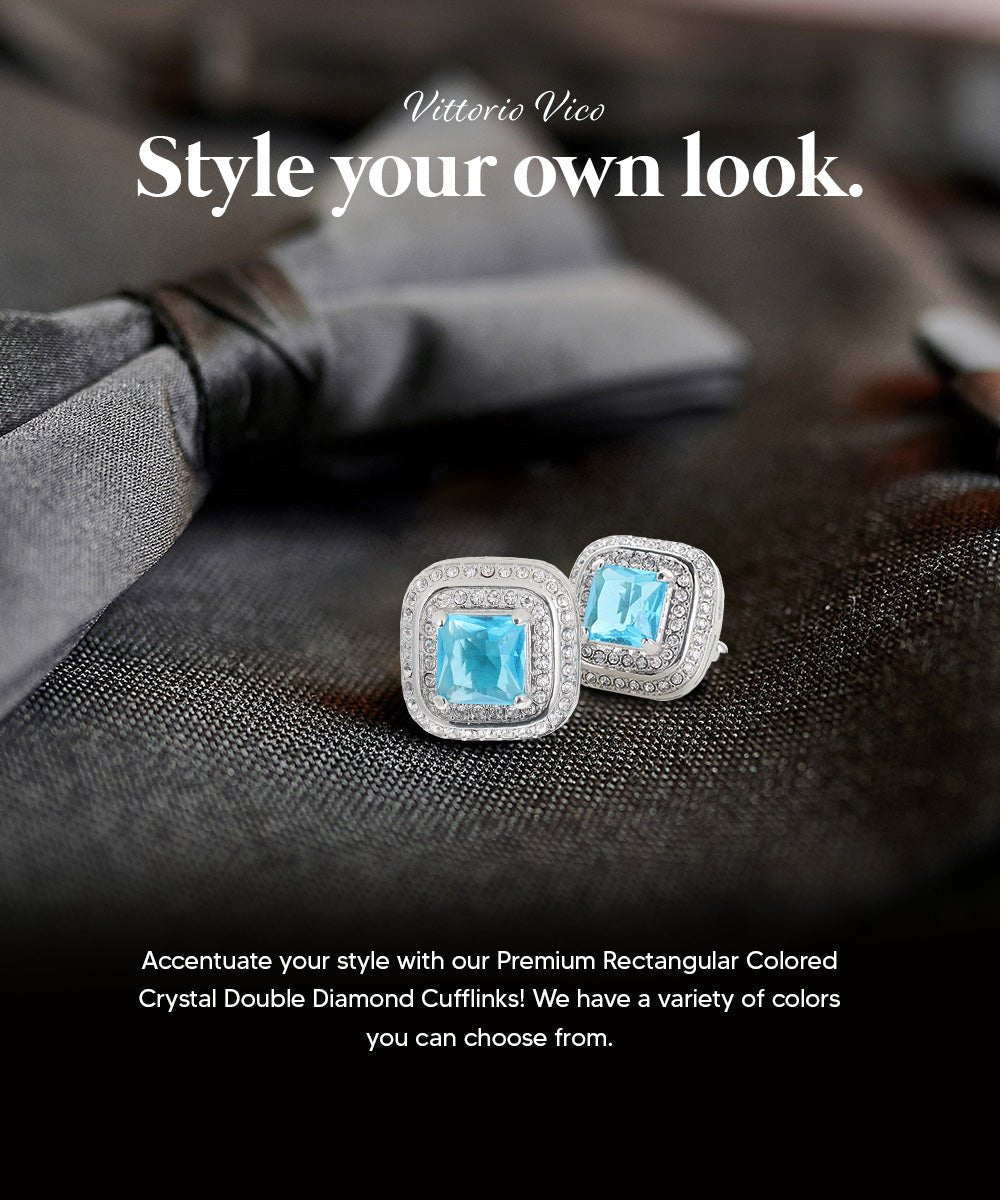 Vittorio Vico Men's Large Square Colorstone Crystal Double Diamond Set Cufflinks: CL75XX Series - Suits You Sir - Turquoise and Silver -