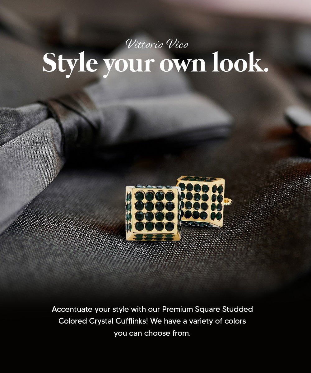 Vittorio Vico Men's Large Square Studded Colored Crystal Cufflinks: CL76XX Series - Suits You Sir - Green and Gold -