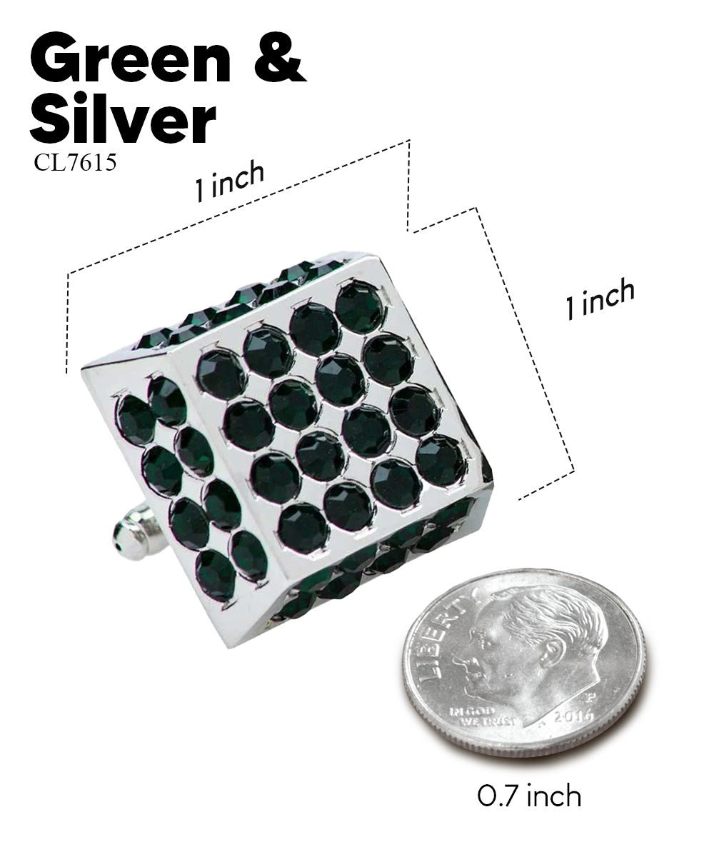 Vittorio Vico Men's Large Square Studded Colored Crystal Cufflinks: CL76XX Series - Suits You Sir - Green and Silver -