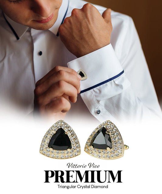 Vittorio Vico Men's Large Triangular Crystal Diamond Set Cufflinks: CL72XX Series - Suits You Sir - Black and Gold -