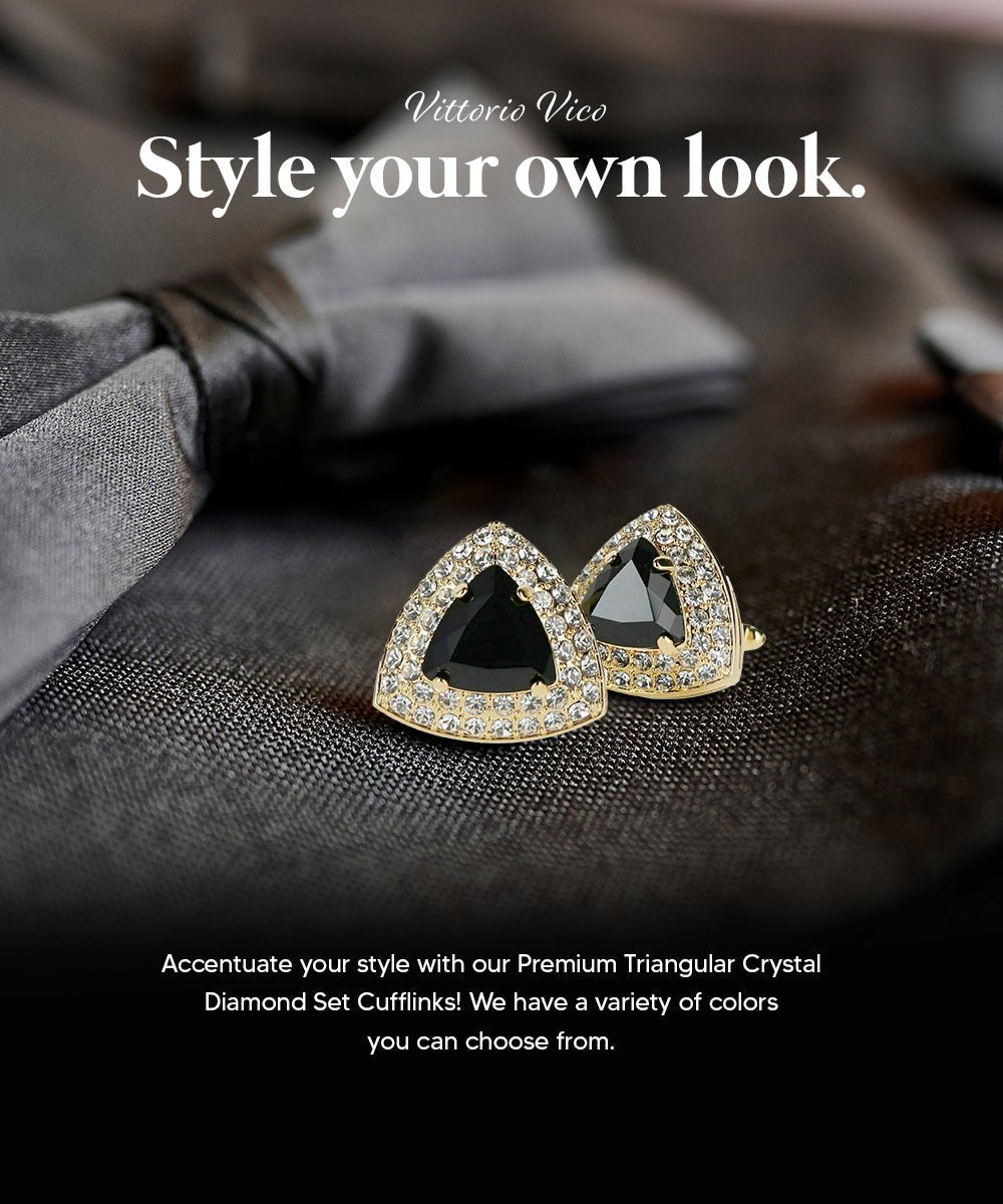 Vittorio Vico Men's Large Triangular Crystal Diamond Set Cufflinks: CL72XX Series - Suits You Sir - Black and Gold -