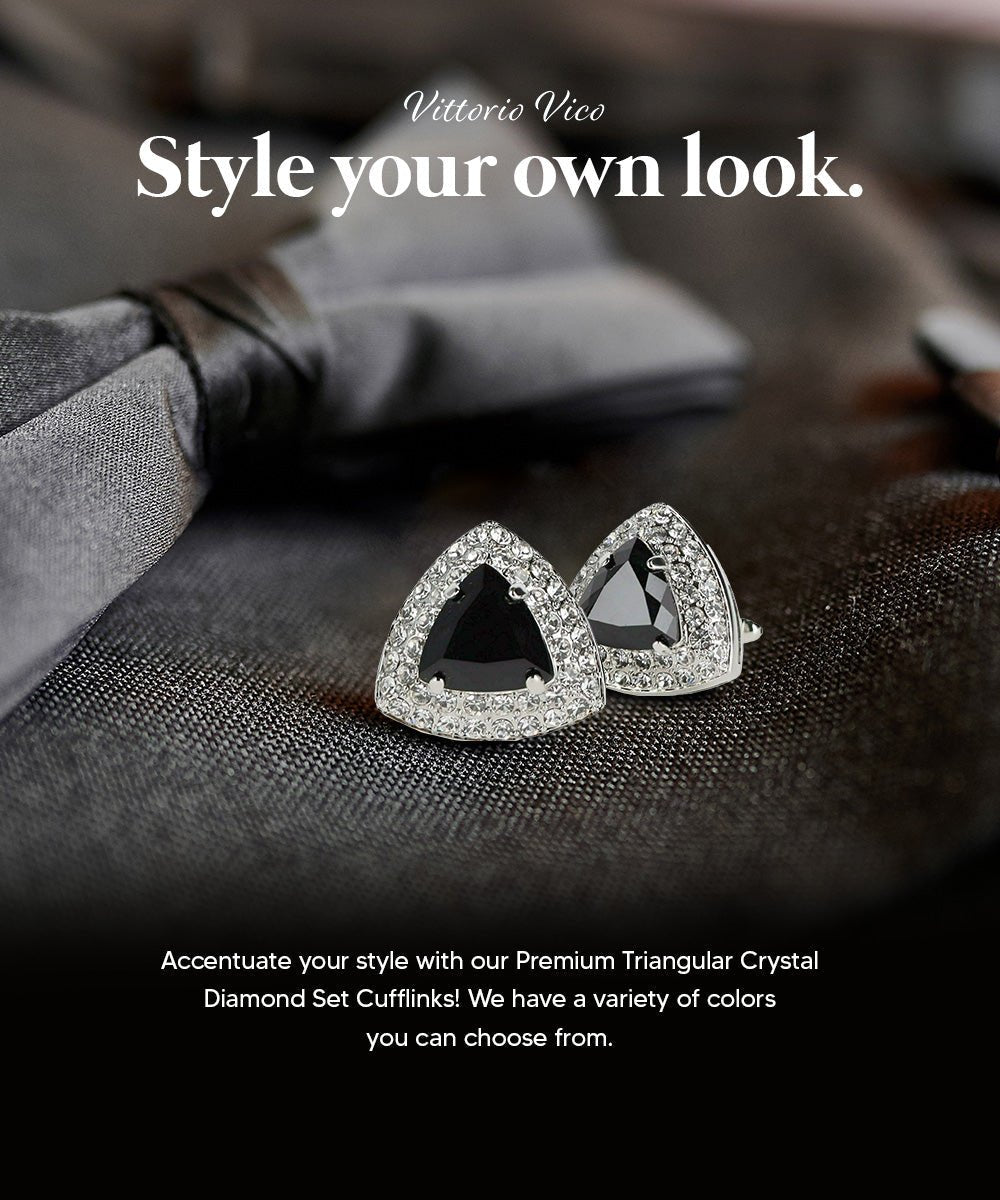 Vittorio Vico Men's Large Triangular Crystal Diamond Set Cufflinks: CL72XX Series - Suits You Sir - Black and Silver -